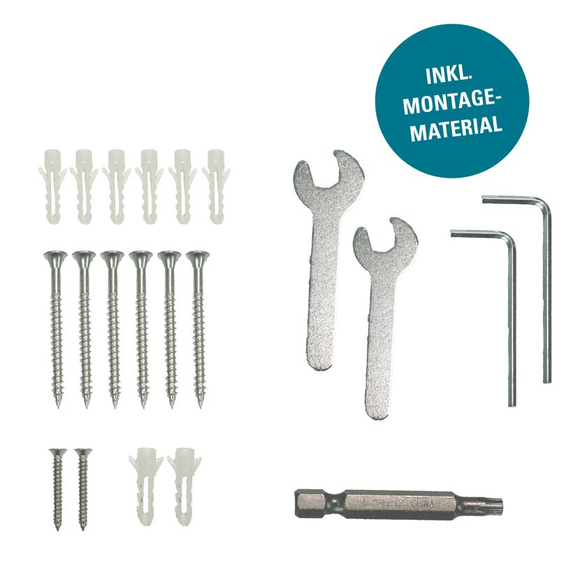 Montagematerial: Schrauben, Dübel, Inbusschlüssel, Schraubenschlüssel, Bit