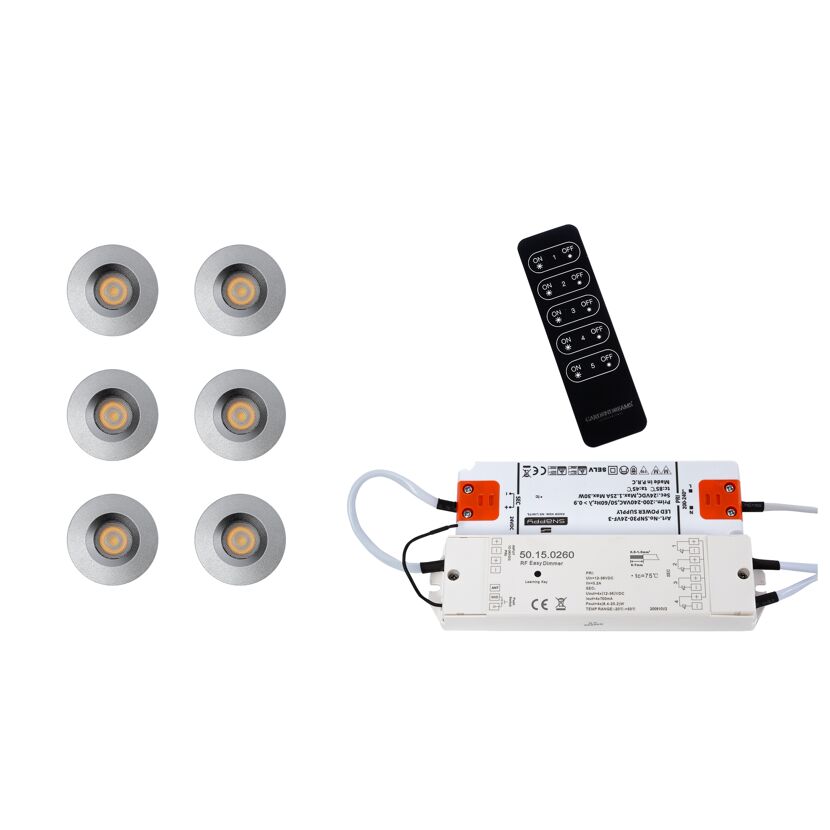 Sechs LED Einbaustrahler, Fernbedienung und Dimmer