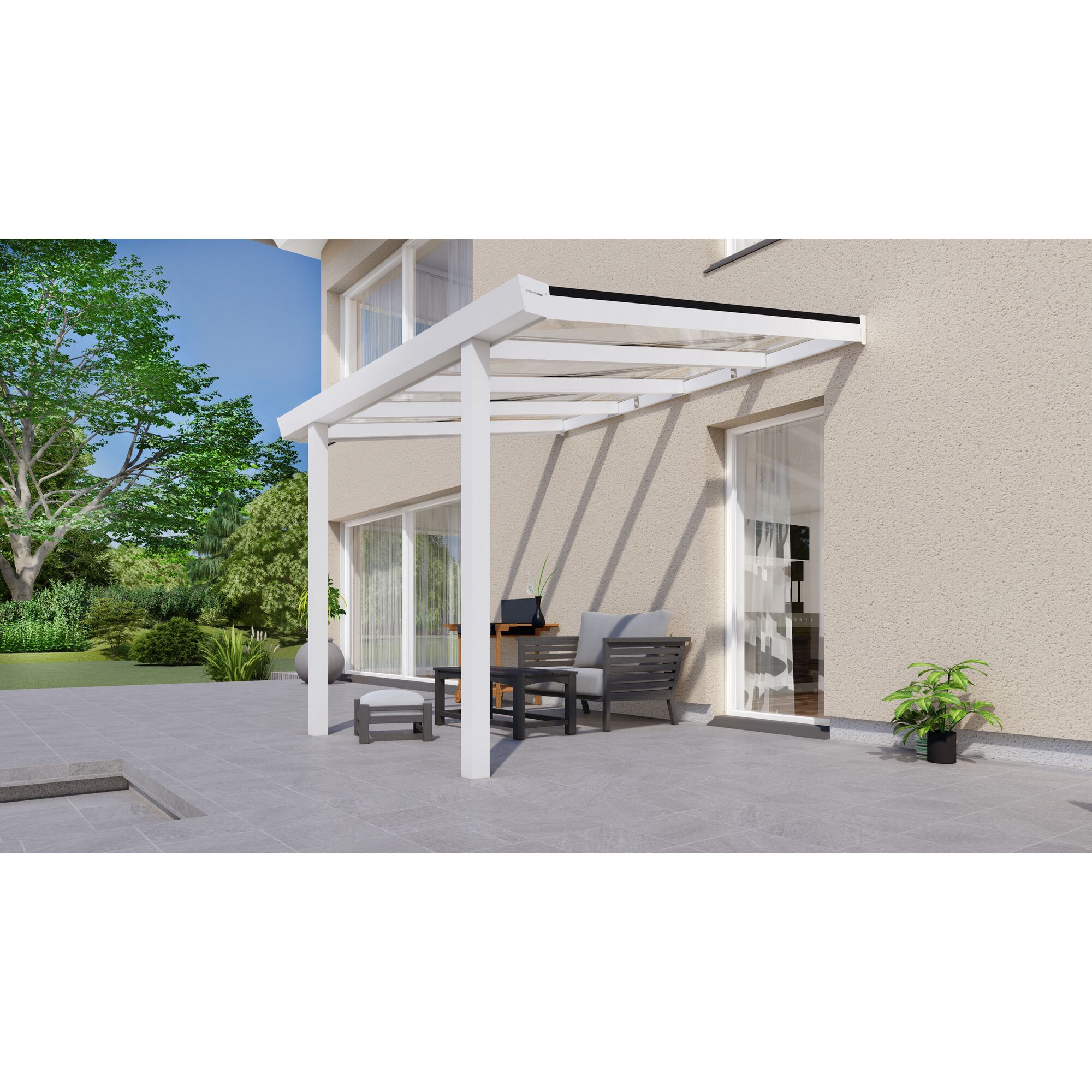 Weißes Terrassendach mit Gartenmöbeln