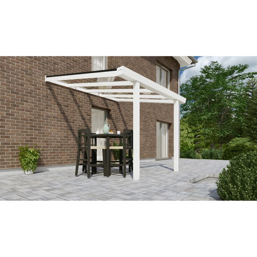 Weißes Terrassendach mit Tisch und Stühlen