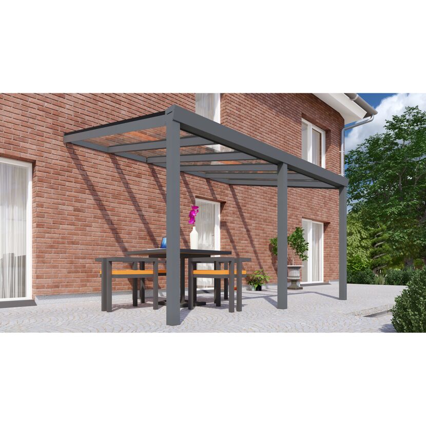Anthrazitfarbenes Terrassendach mit Glasdach über Esstisch.