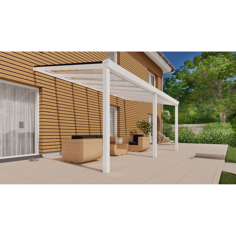 Weißes Terrassendach mit Gartenmöbeln