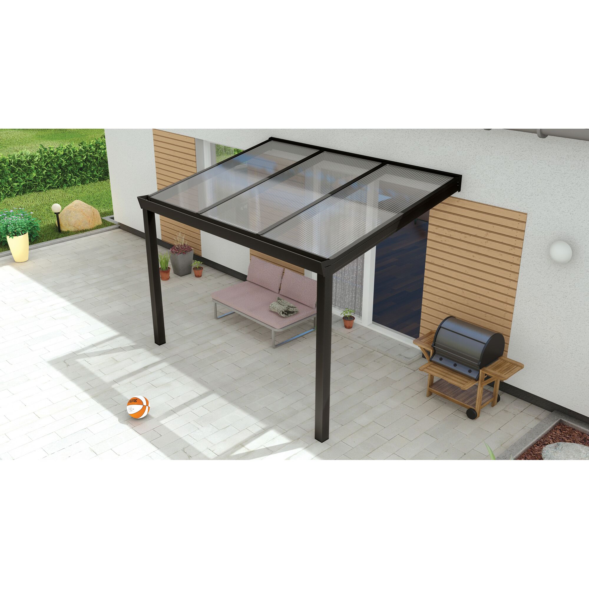 Terrassendach Legend mit Sofa und Grill