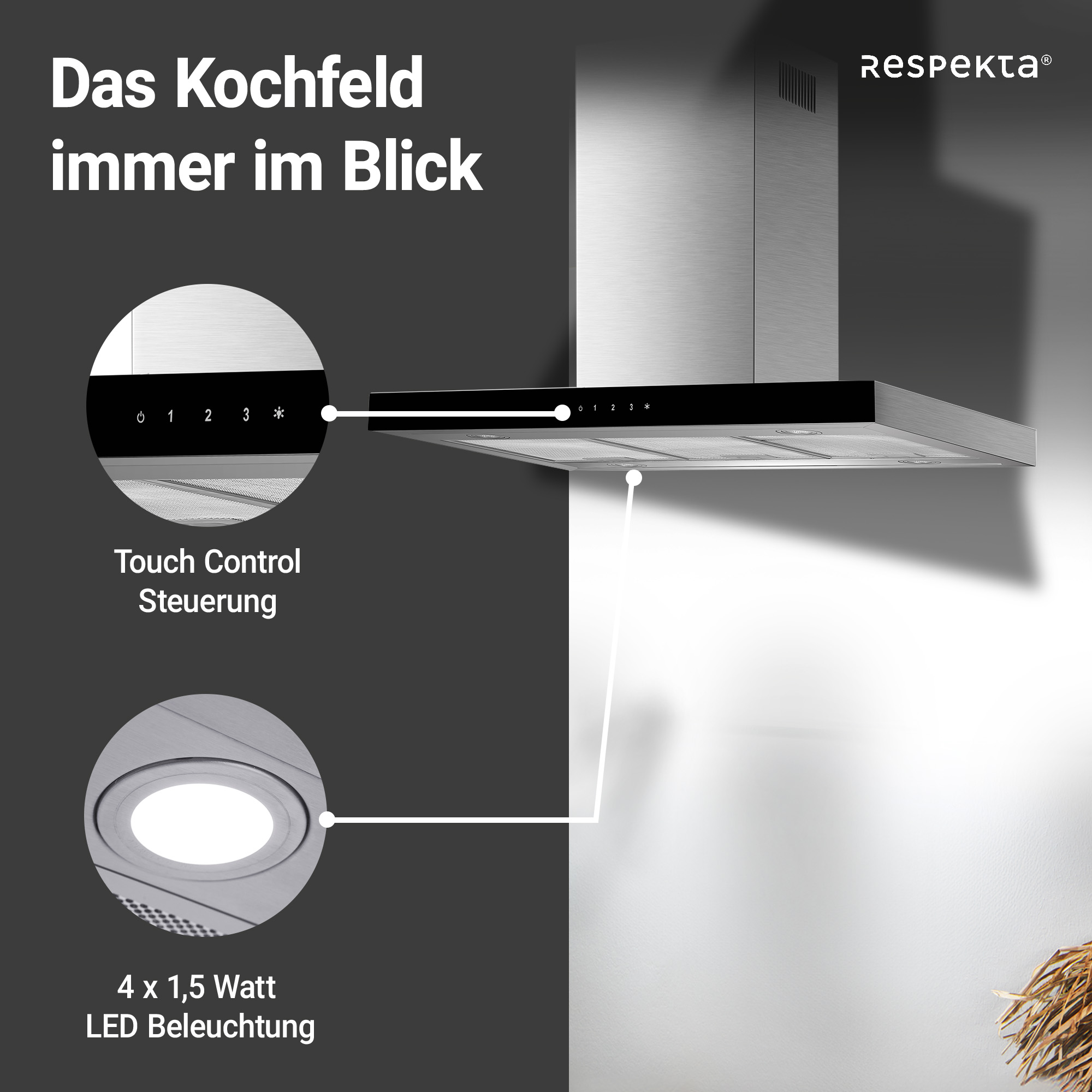 Inselhaube 'CH44099GISAM' Glas/Edelstahl 90 cm