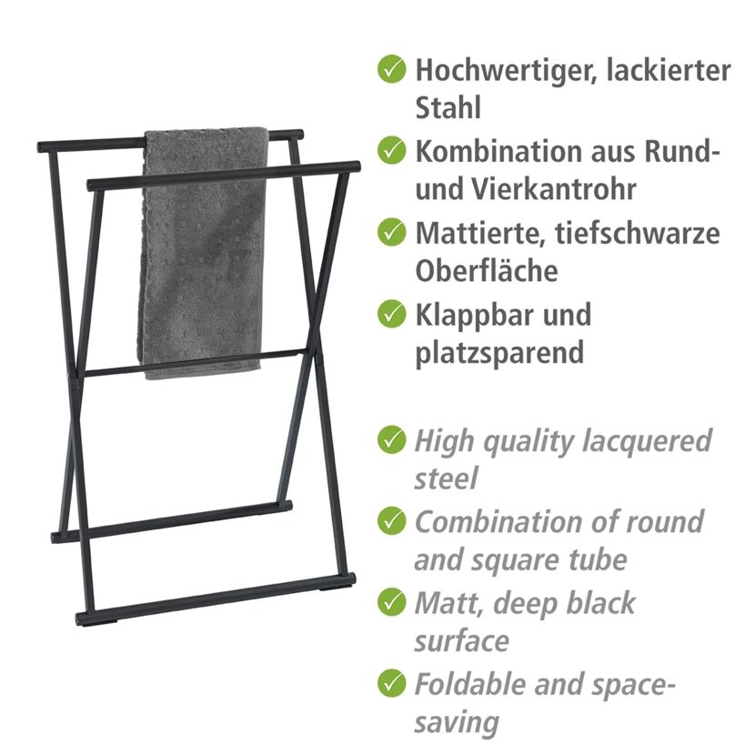 Schwarzer Handtuchhalter aus Metall mit einem Handtuch