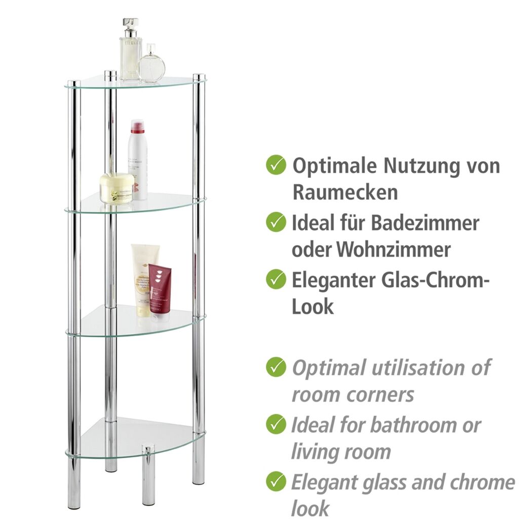 Glas-Chrom Eckregal mit vier Ebenen
