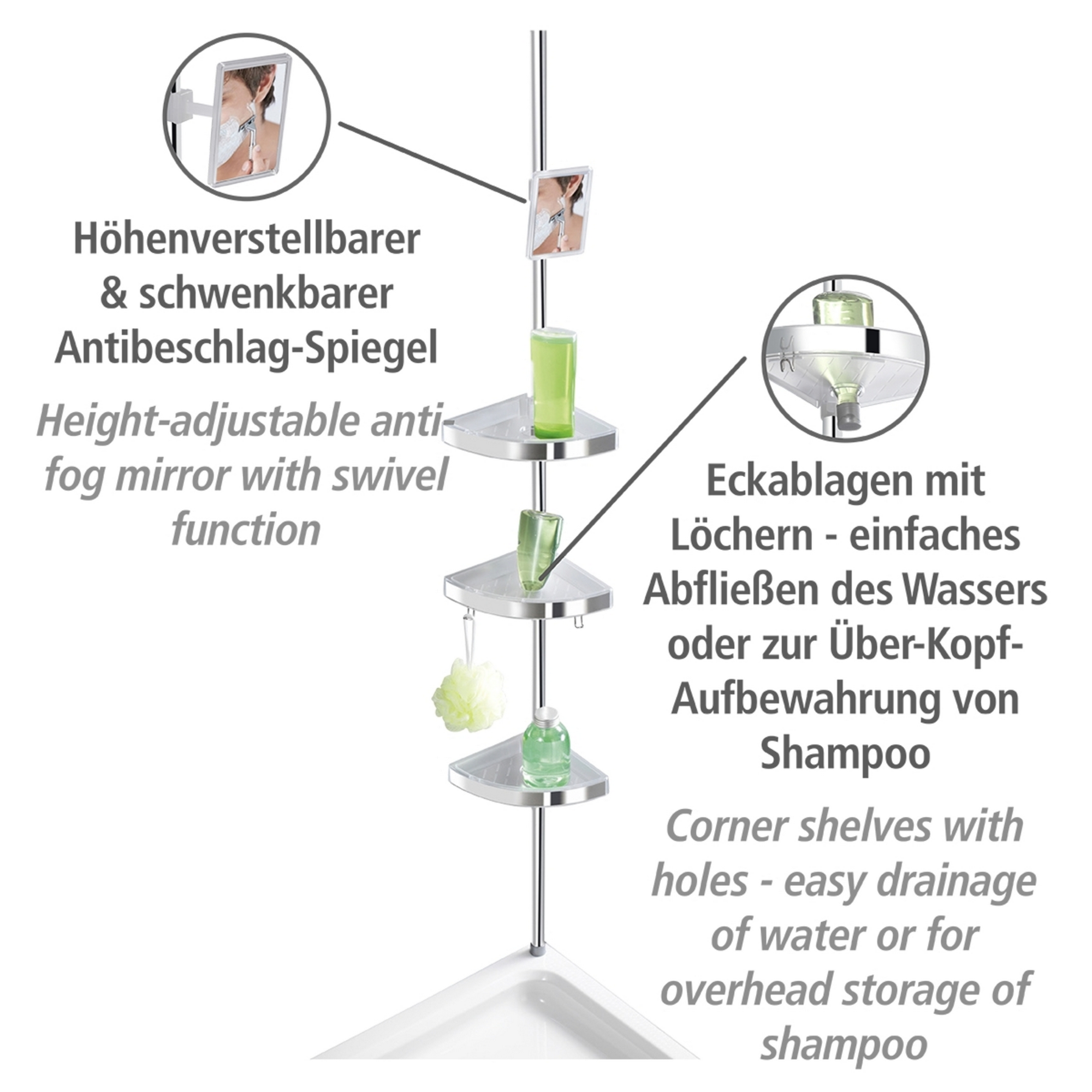 Teleskop-Eckregal 'Premium' edelstahlfarben 3 Ablagen, Spiegel 70-260 cm + product picture