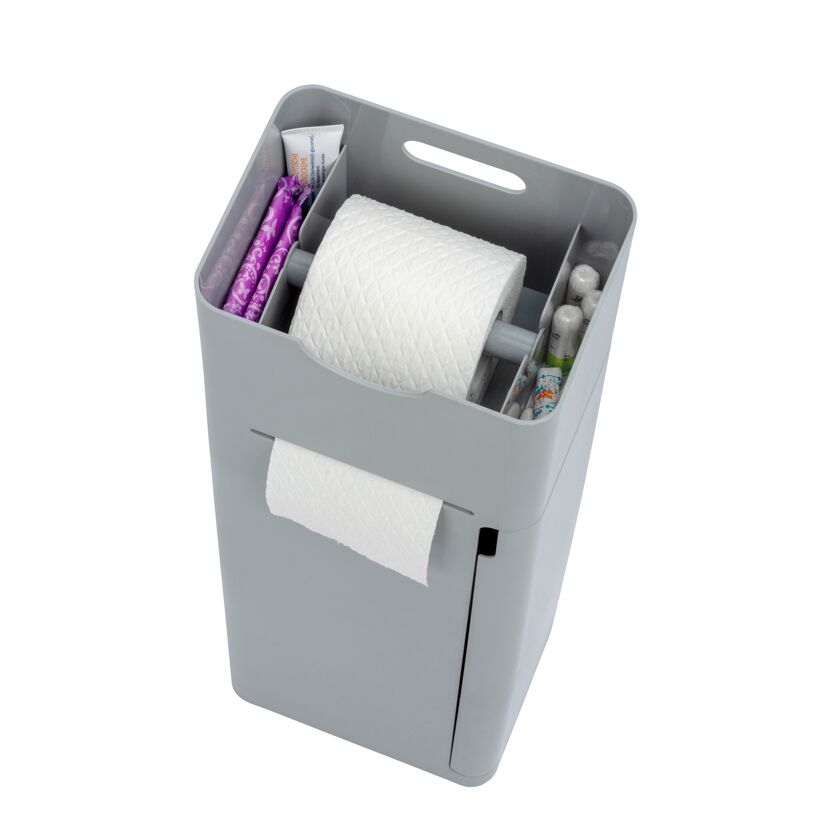 Grauer Toilettenpapierhalter mit Hygieneartikeln