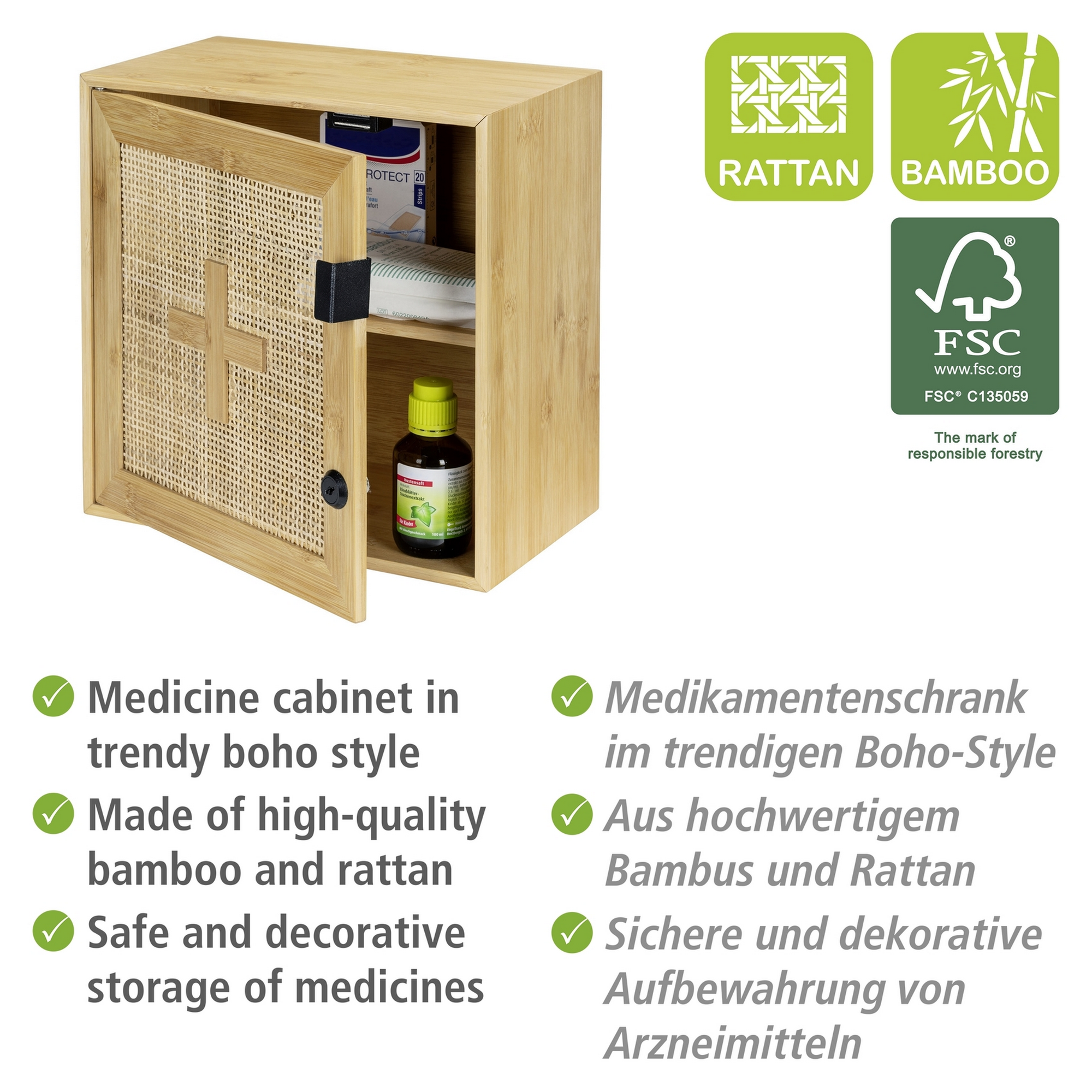 Medikamentenschrank 'Allegre' Bambus/Rattan abschließbar 30 x 17,8 x 30 cm + product picture