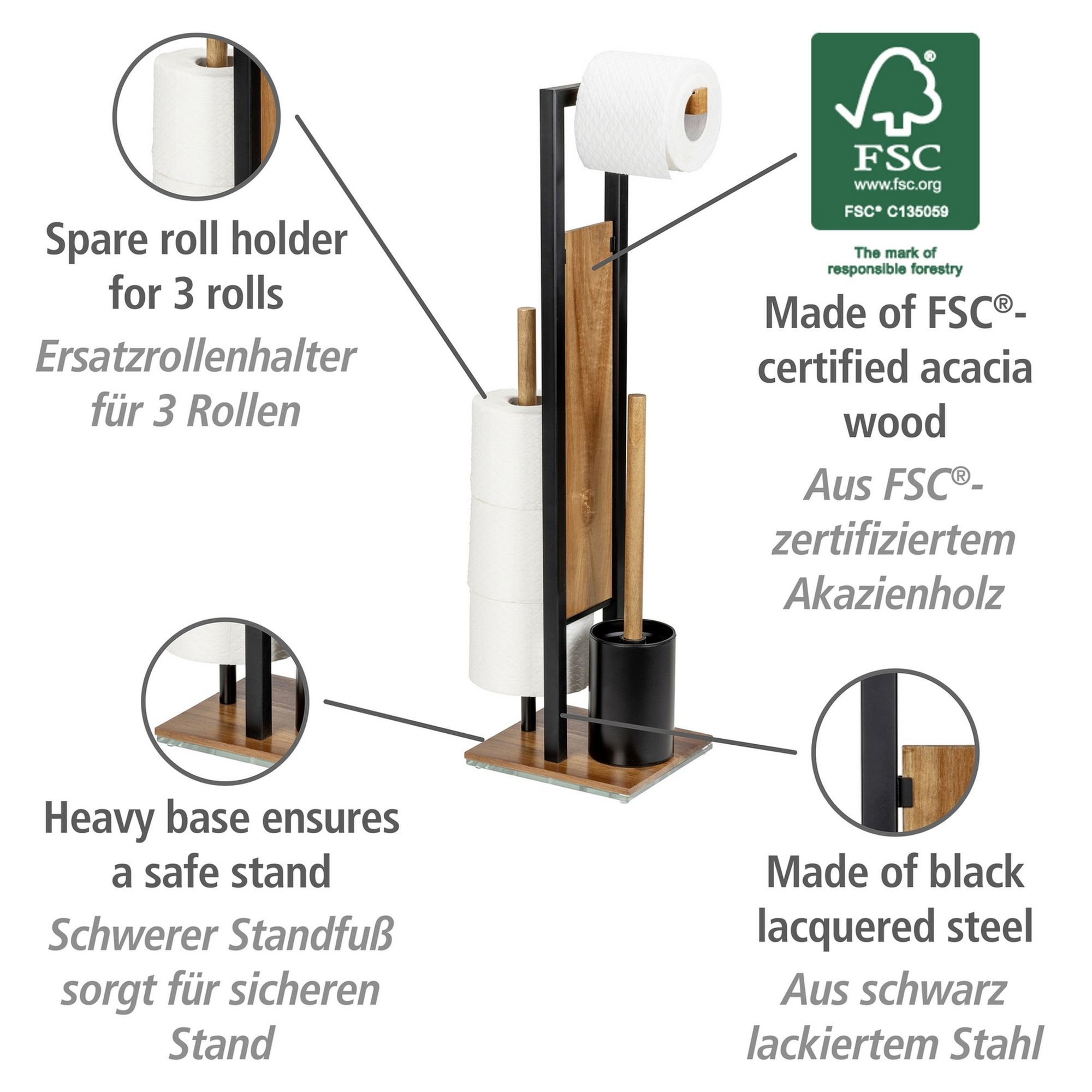 Stand WC-Garnitur 'Rivalta' 3-in-1 Akazienholz/Stahl schwarz + product picture