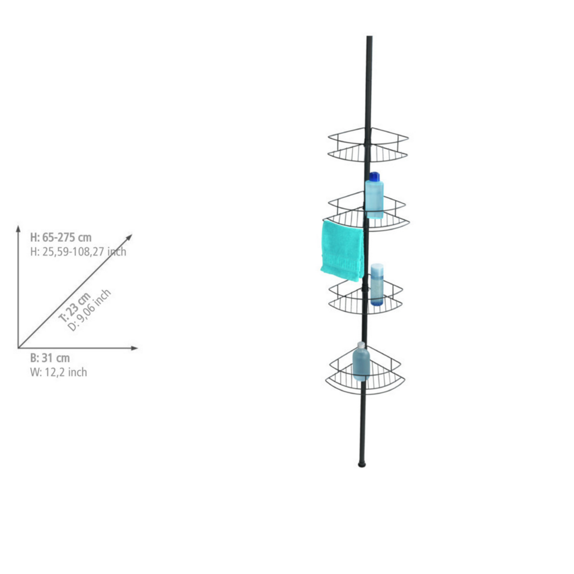 Teleskop-Eckregal 'Dolcedo' matt schwarz 4 Körbe 65-275 cm + product picture