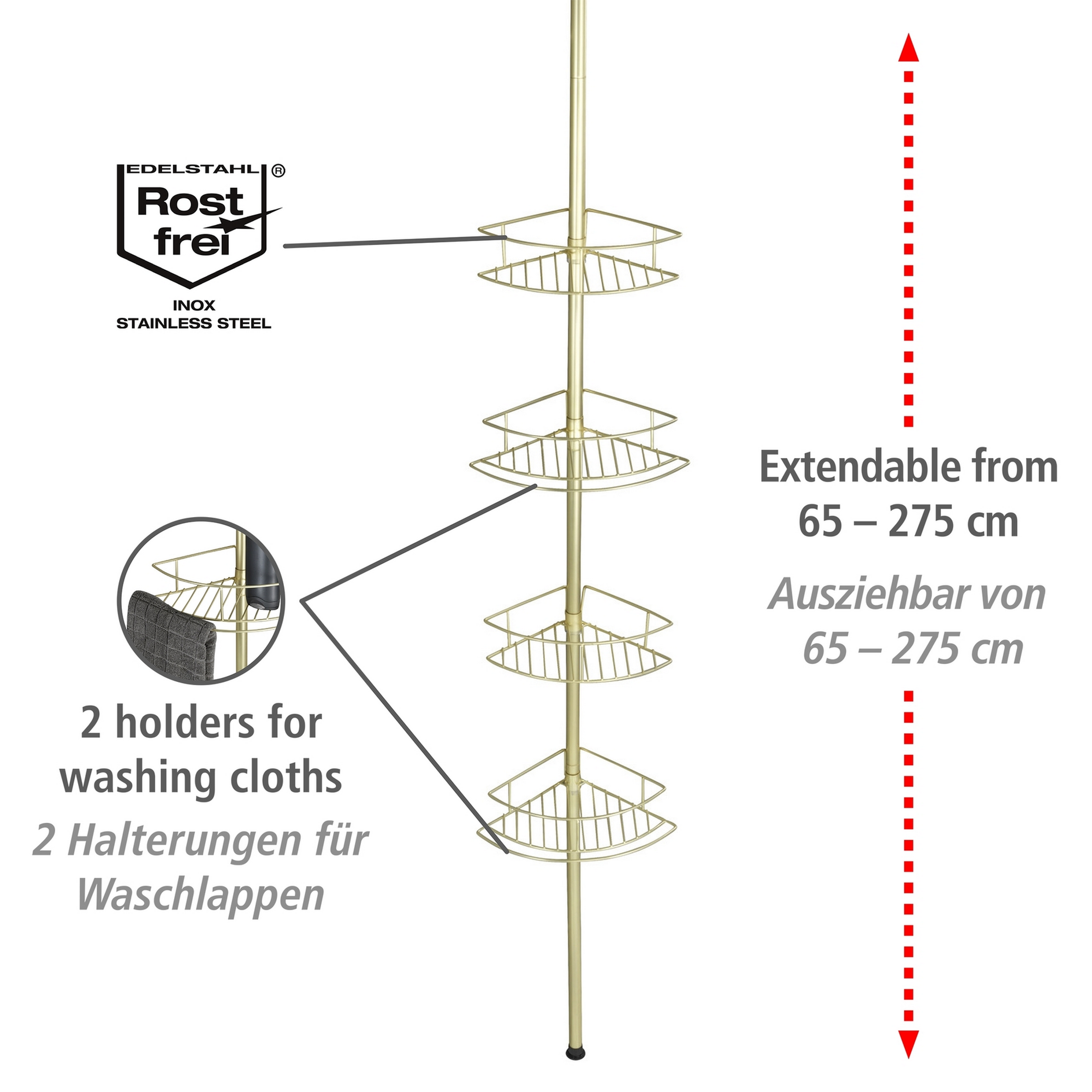 Teleskop-Eckregal 'Dolcedo' matt gold 4 Körbe 65-275 cm + product picture