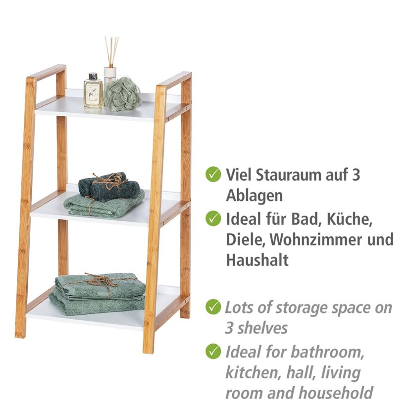 Holzregal mit drei weißen Ablagen