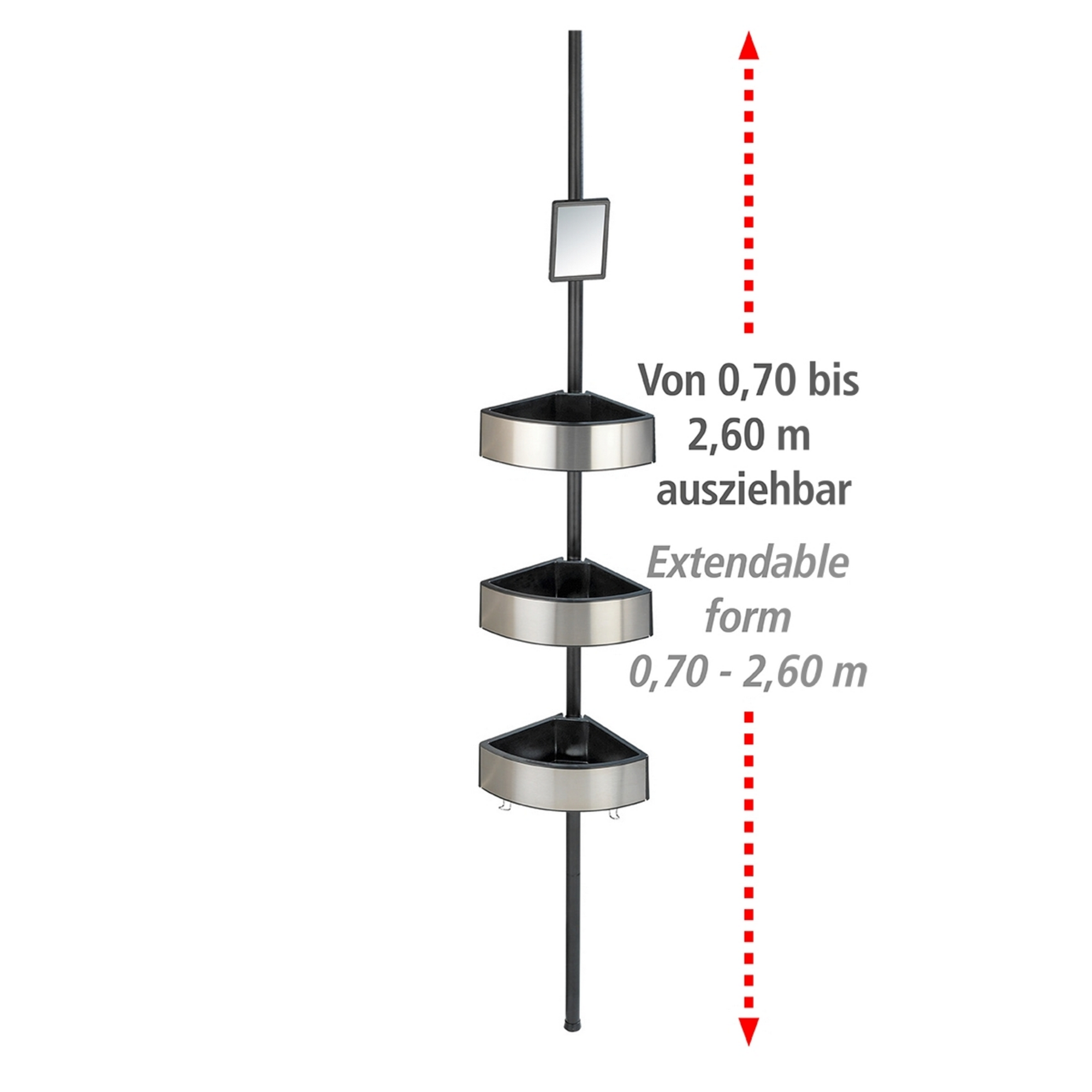 Teleskop-Eckregal 'Premium' edelstahlfarben/schwarz 3 Ablagen, Spiegel 70-260 cm + product picture