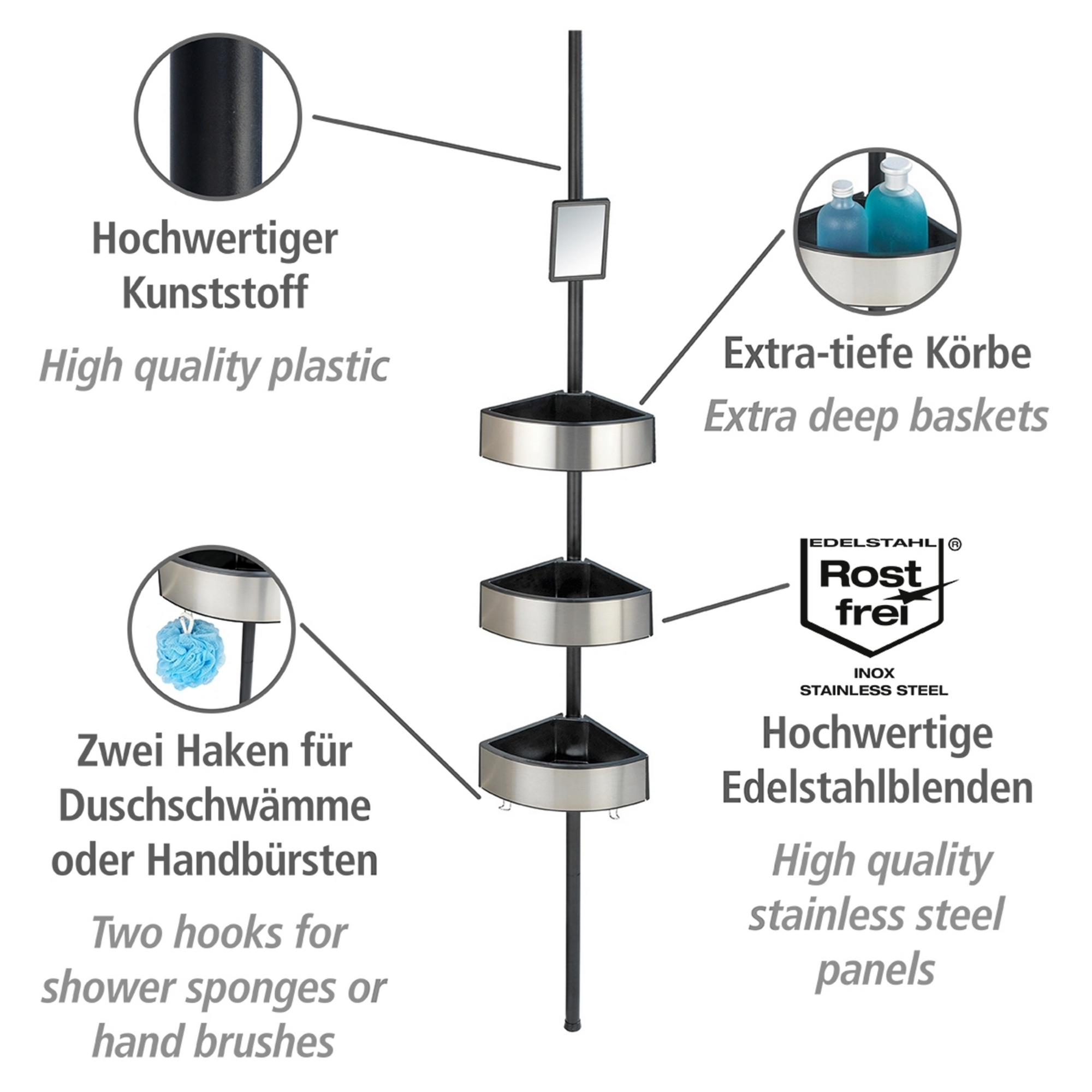 Teleskop-Eckregal 'Premium' edelstahlfarben/schwarz 3 Ablagen, Spiegel 70-260 cm + product picture