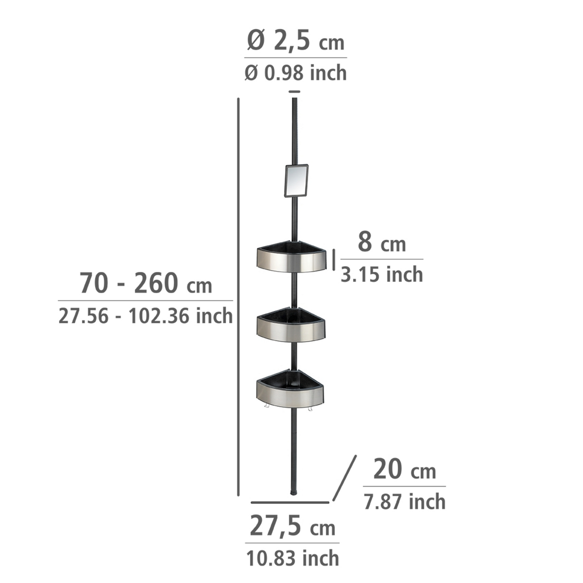 Teleskop-Eckregal 'Premium' edelstahlfarben/schwarz 3 Ablagen, Spiegel 70-260 cm + product picture