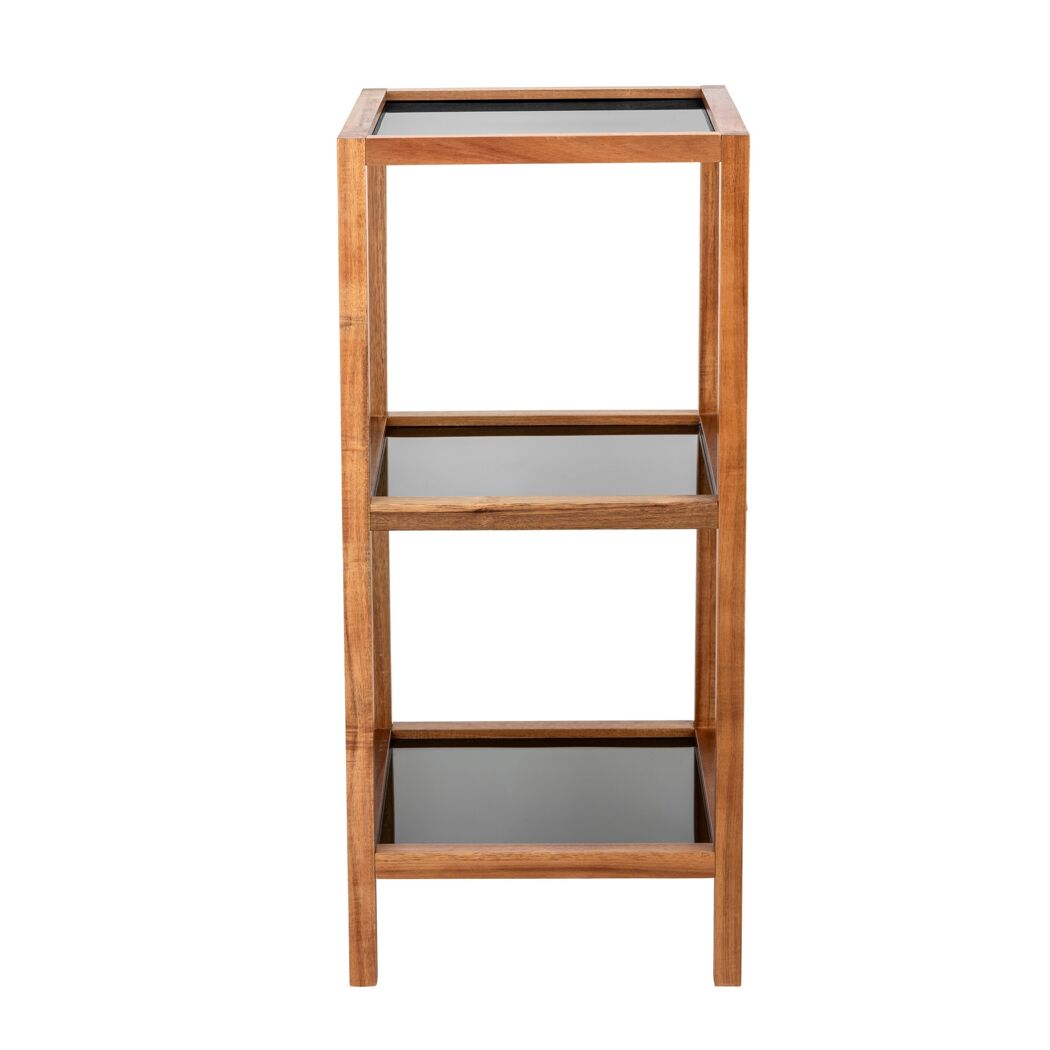 Holzregal mit drei schwarzen Glasböden