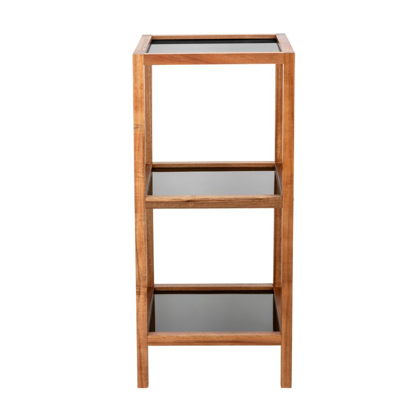 Holzregal mit drei schwarzen Glasböden