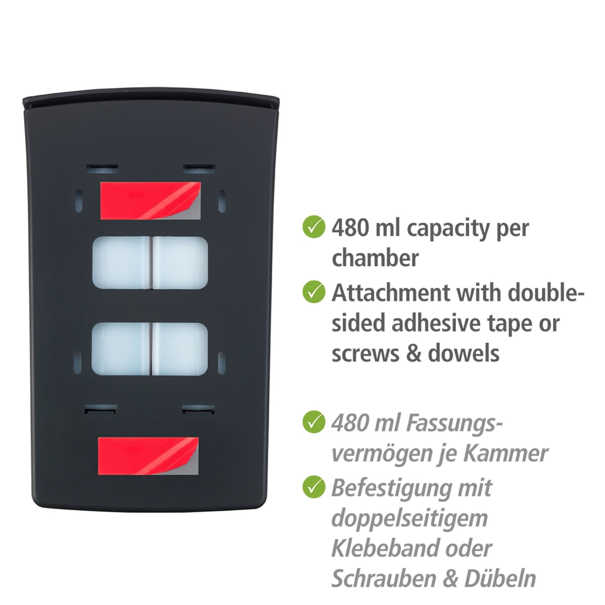 2-Kammer Seifenspender 'Tartas' schwarz, je Kammer 480 ml + product picture