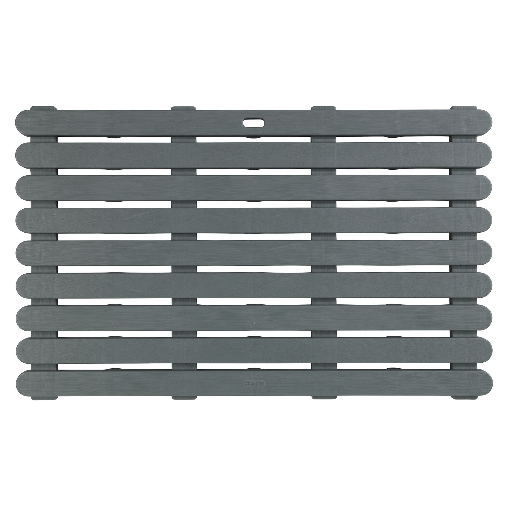 Grauer, länglicher Duschvorleger aus Plastik.