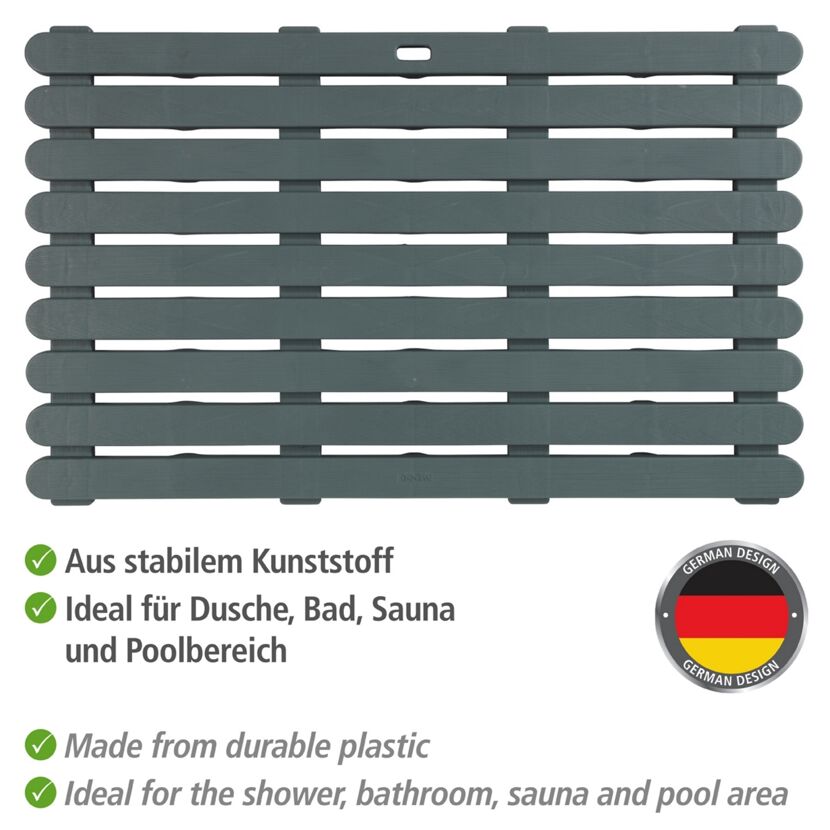 Grauer, rutschhemmender Badezimmerteppich aus Kunststoff.