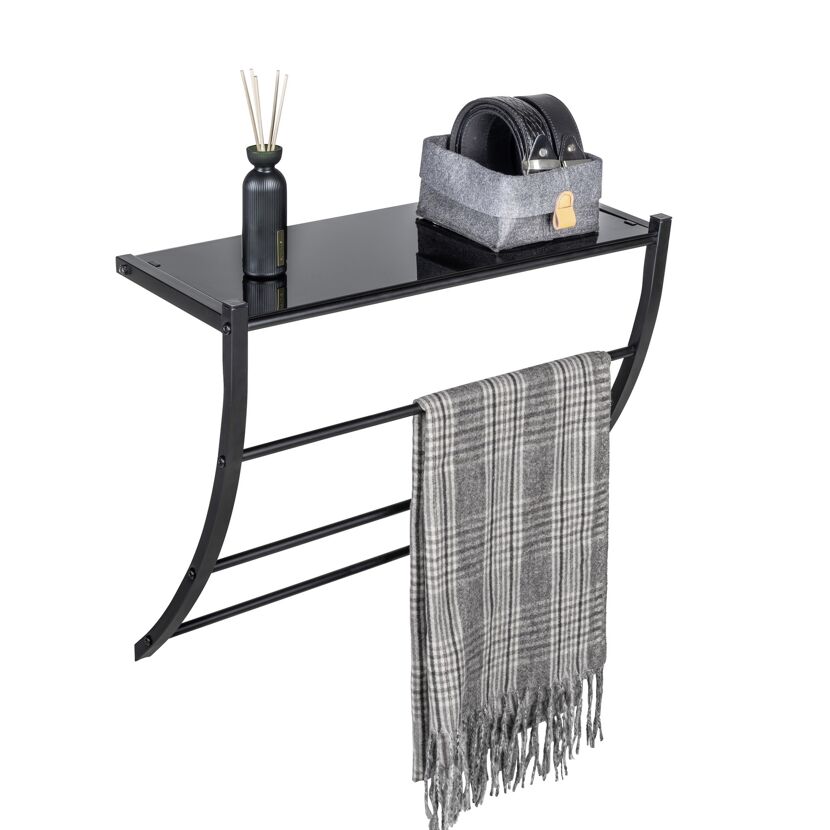 Schwarzes Handtuchregal mit Ablage
