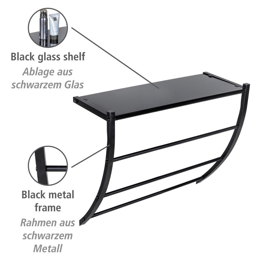 Schwarzes Handtuchregal mit Glasablage