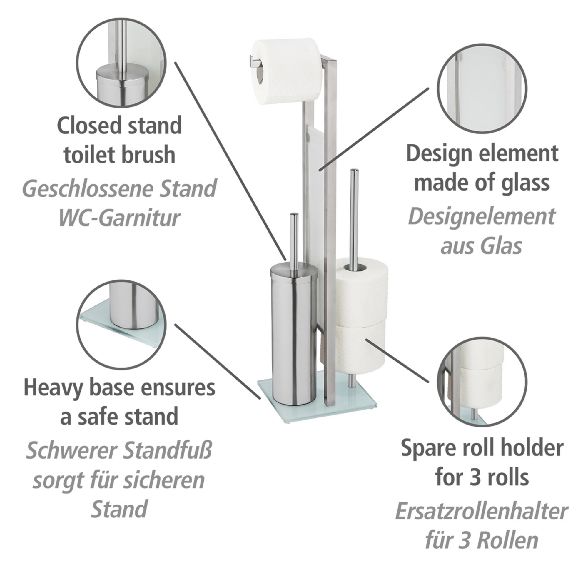 Stand WC-Garnitur 'Rivalta' 3-in-1 edelstahlfarben Standfuß aus Glas + product picture