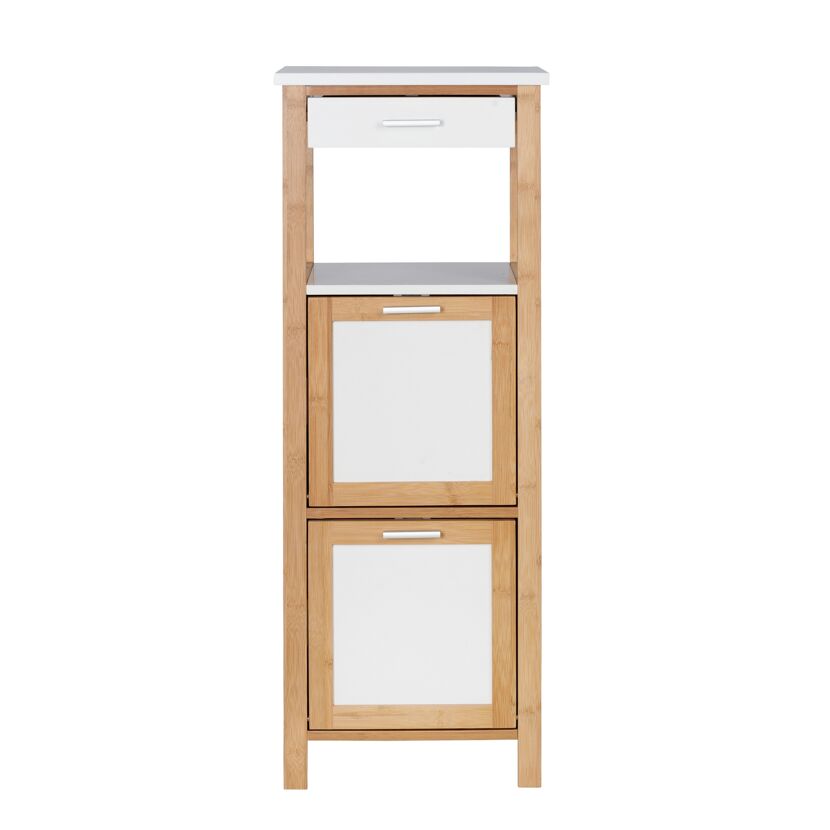 Holzregal mit zwei Fächern und Schublade