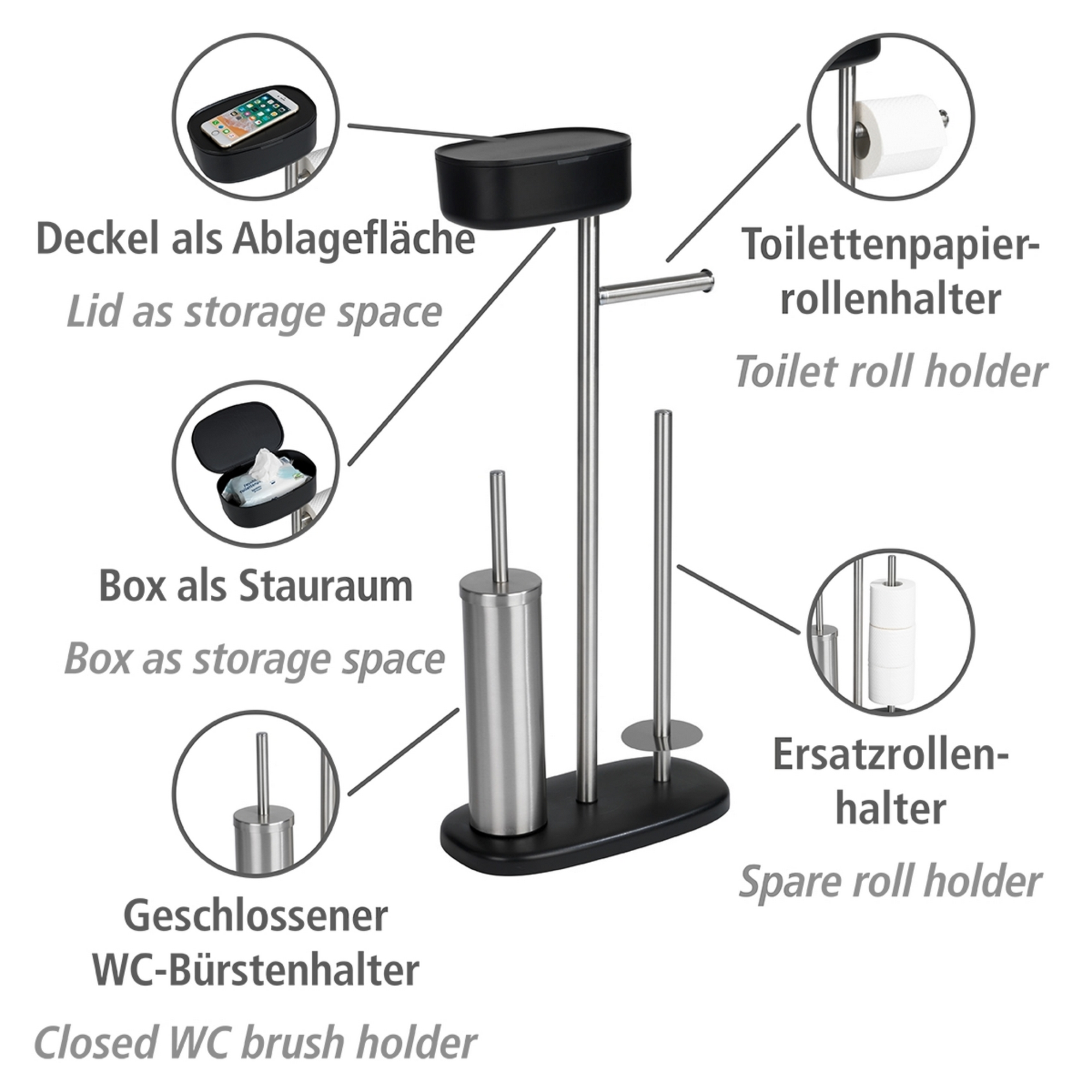 Stand WC-Garnitur 'Rivazza' 5-in-1 edelstahlfarben/schwarz mit Ablage + product picture