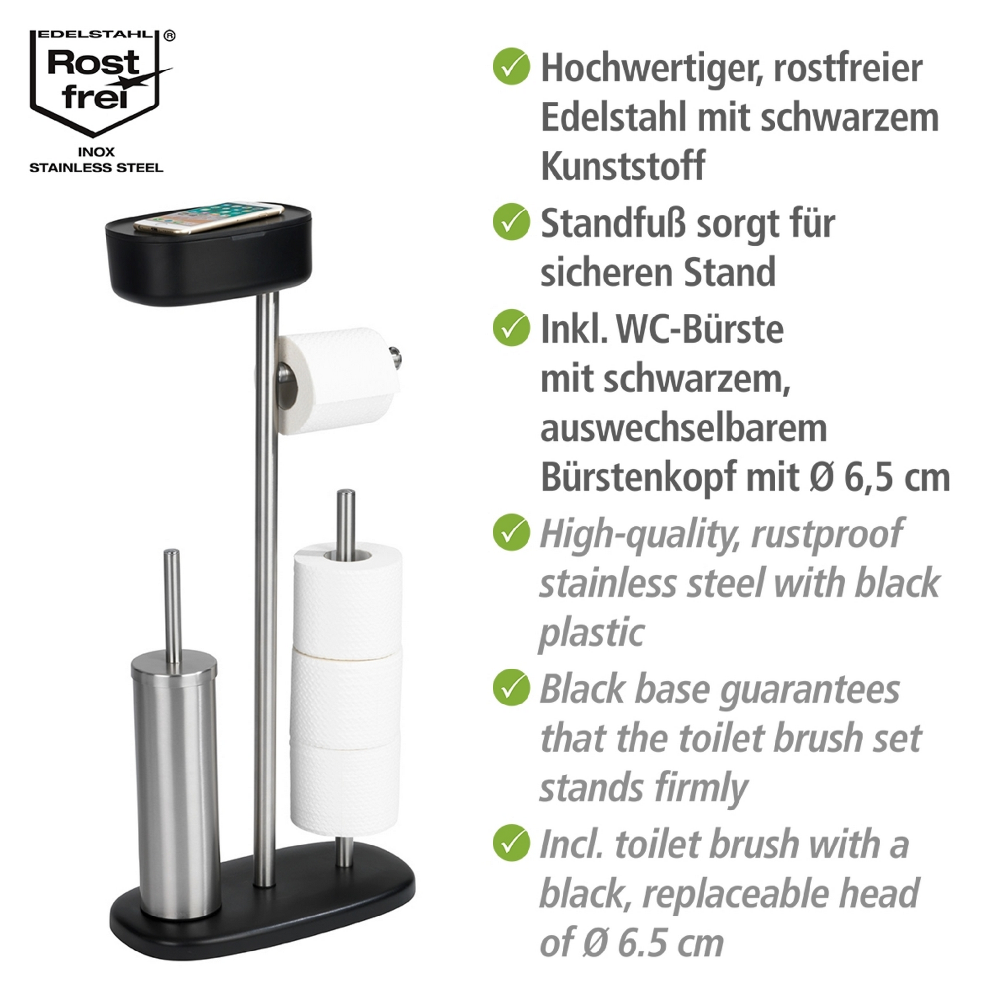 Stand WC-Garnitur 'Rivazza' 5-in-1 edelstahlfarben/schwarz mit Ablage + product picture