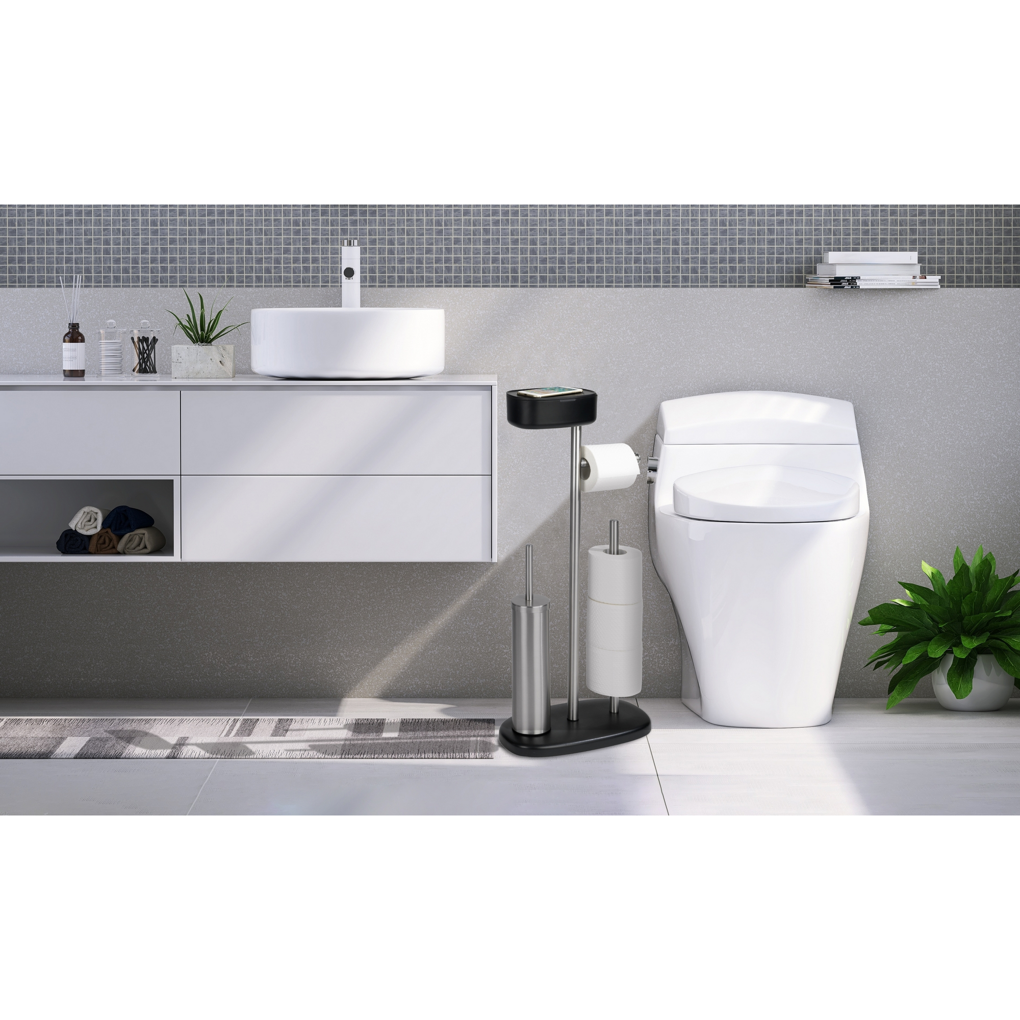 Stand WC-Garnitur 'Rivazza' 5-in-1 edelstahlfarben/schwarz mit Ablage + product picture