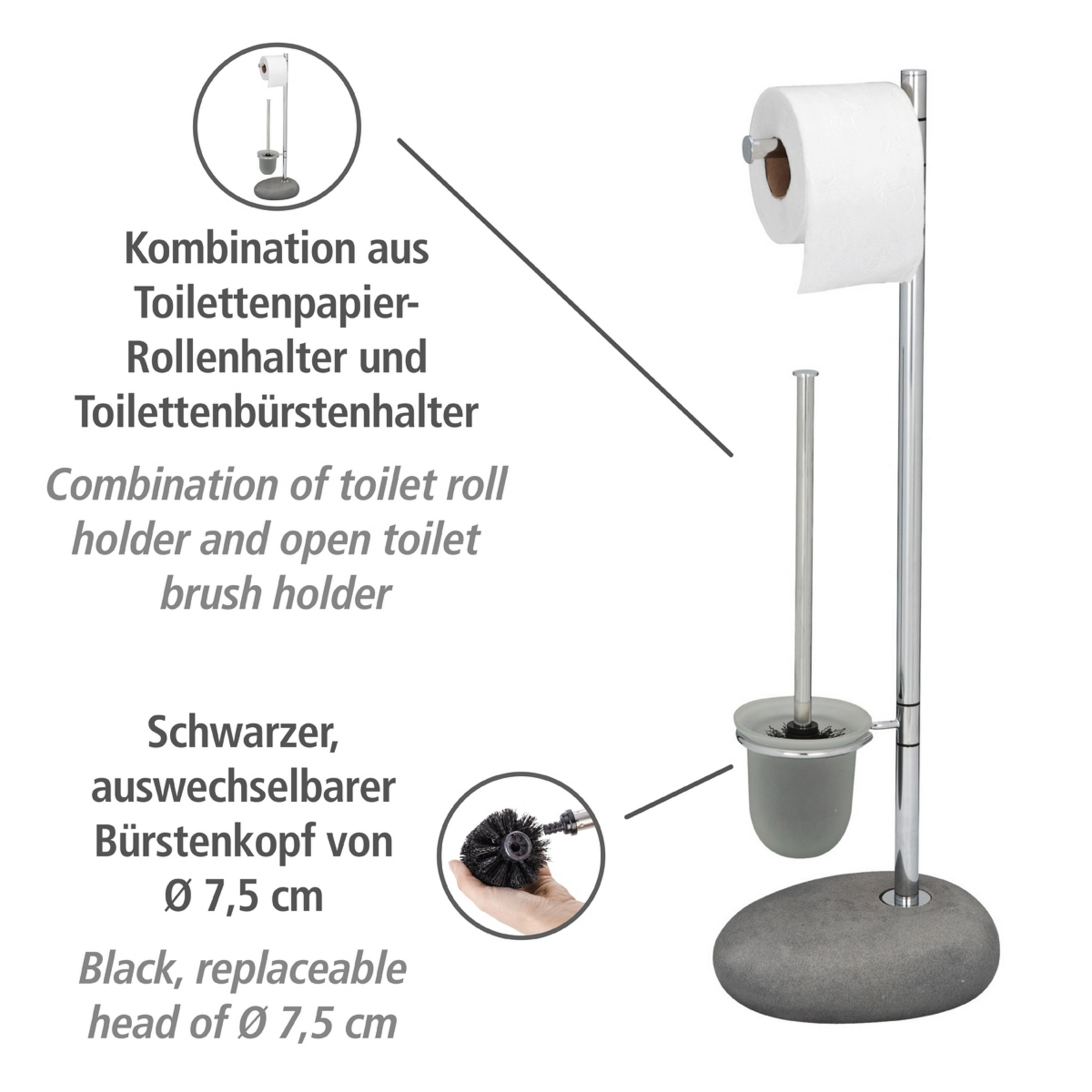 Stand WC-Garnitur 'Pepple Stone' 2-in-1 chromfarben/grau mit Glaseinsatz + product picture