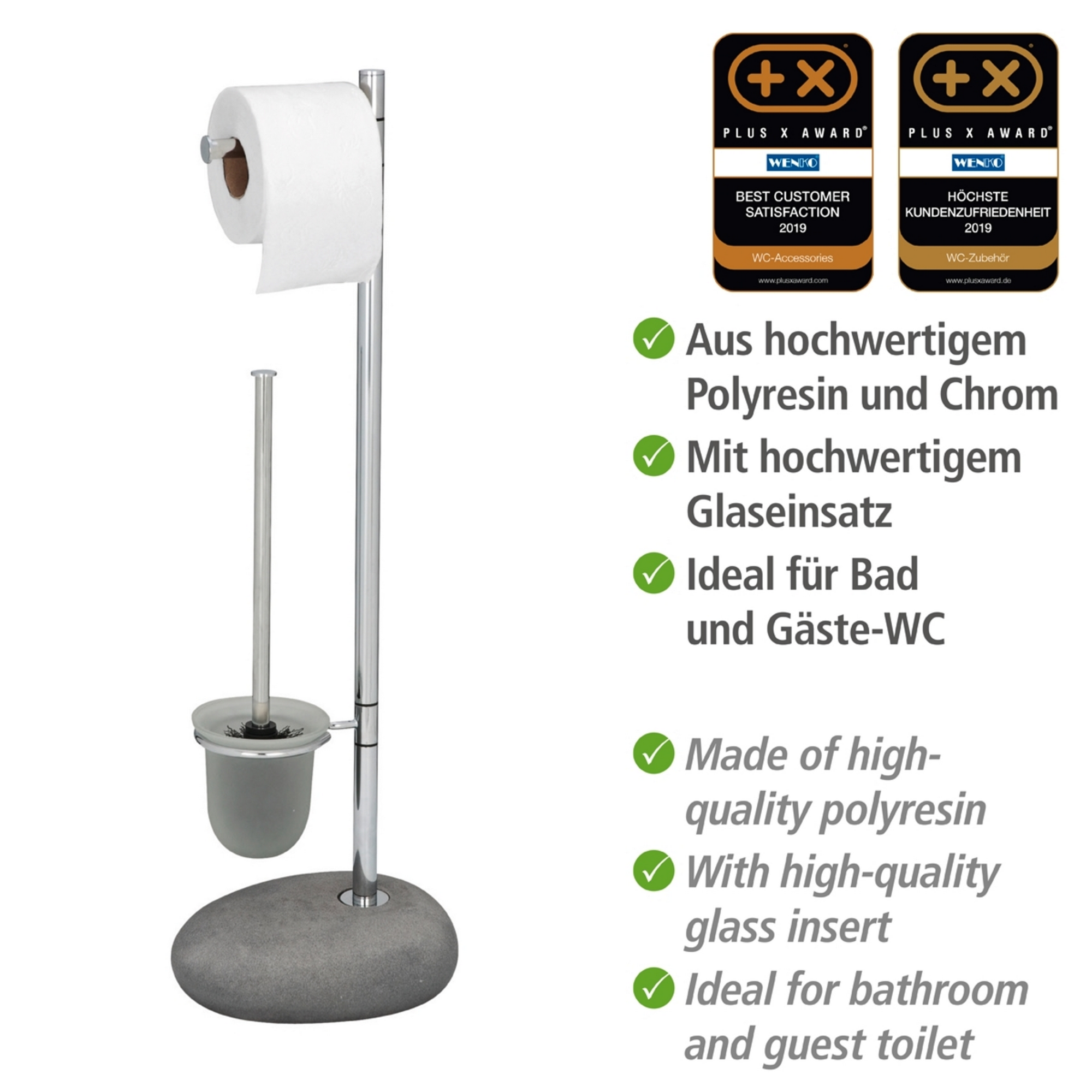 Stand WC-Garnitur 'Pepple Stone' 2-in-1 chromfarben/grau mit Glaseinsatz + product picture