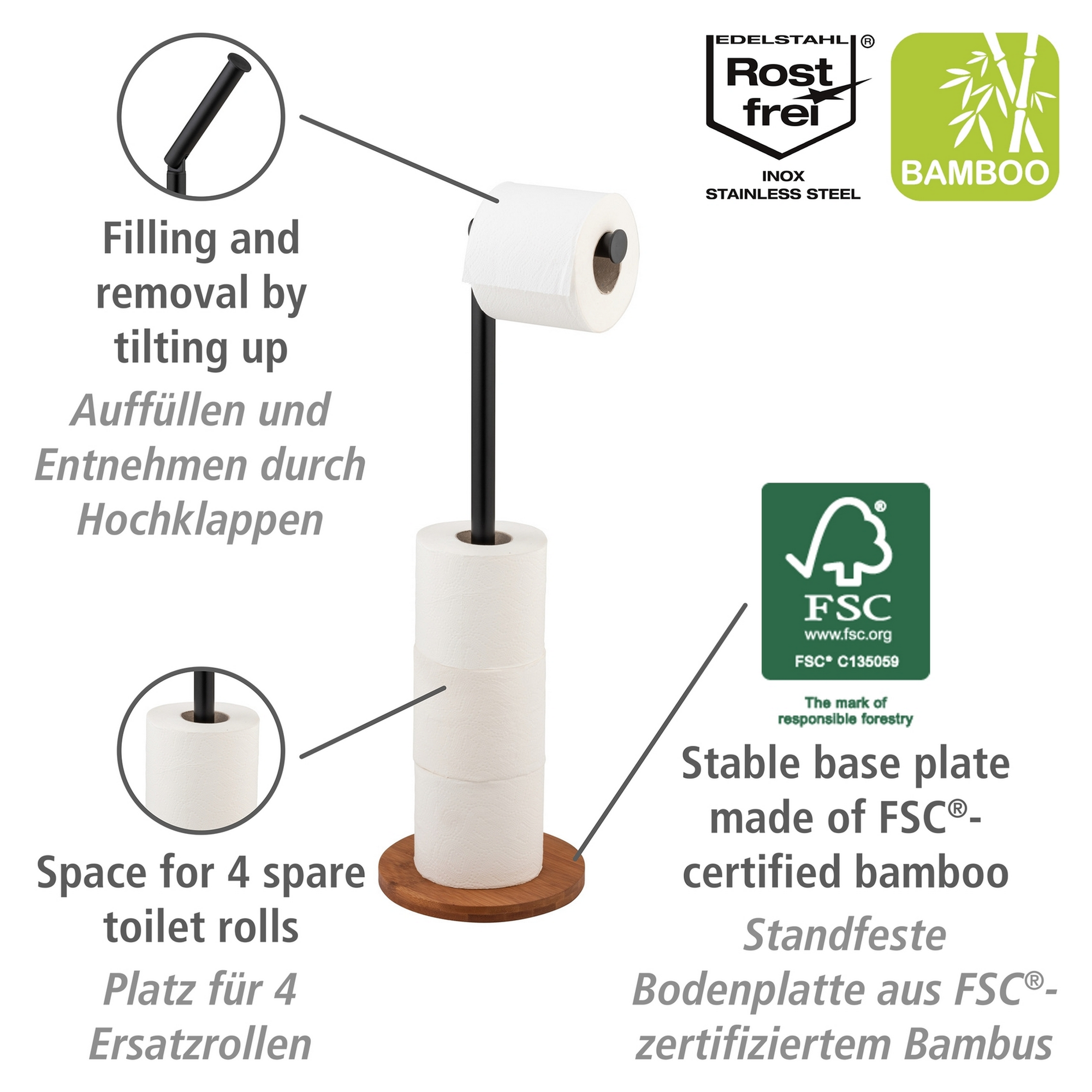 Stand Toilettenpapierhalter 'Serro' 2-in-1 Bambus/Edelstahl + product picture