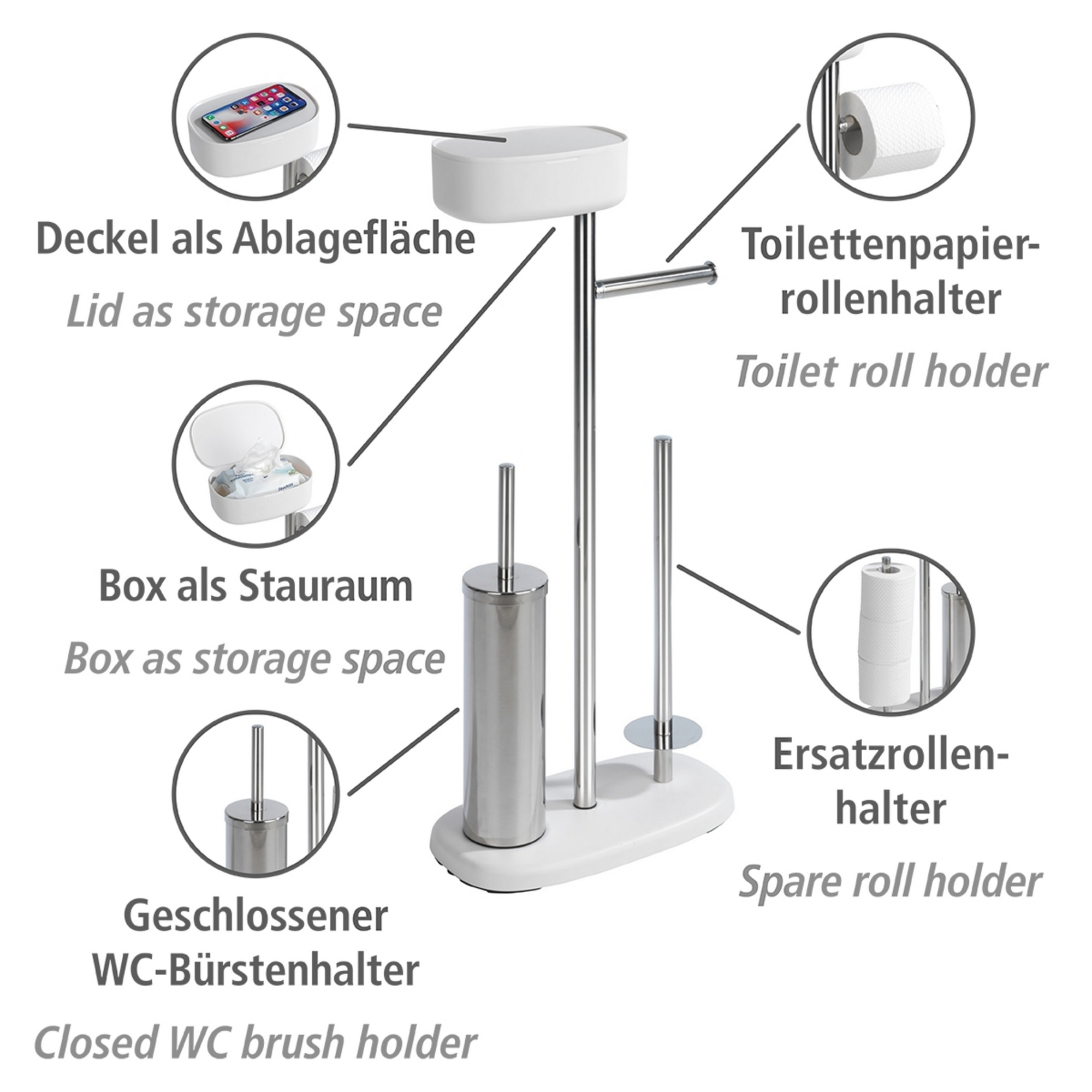 Stand WC-Garnitur 'Rivazza' 5-in-1 edelstahlfarben/weiß mit Ablage + product picture