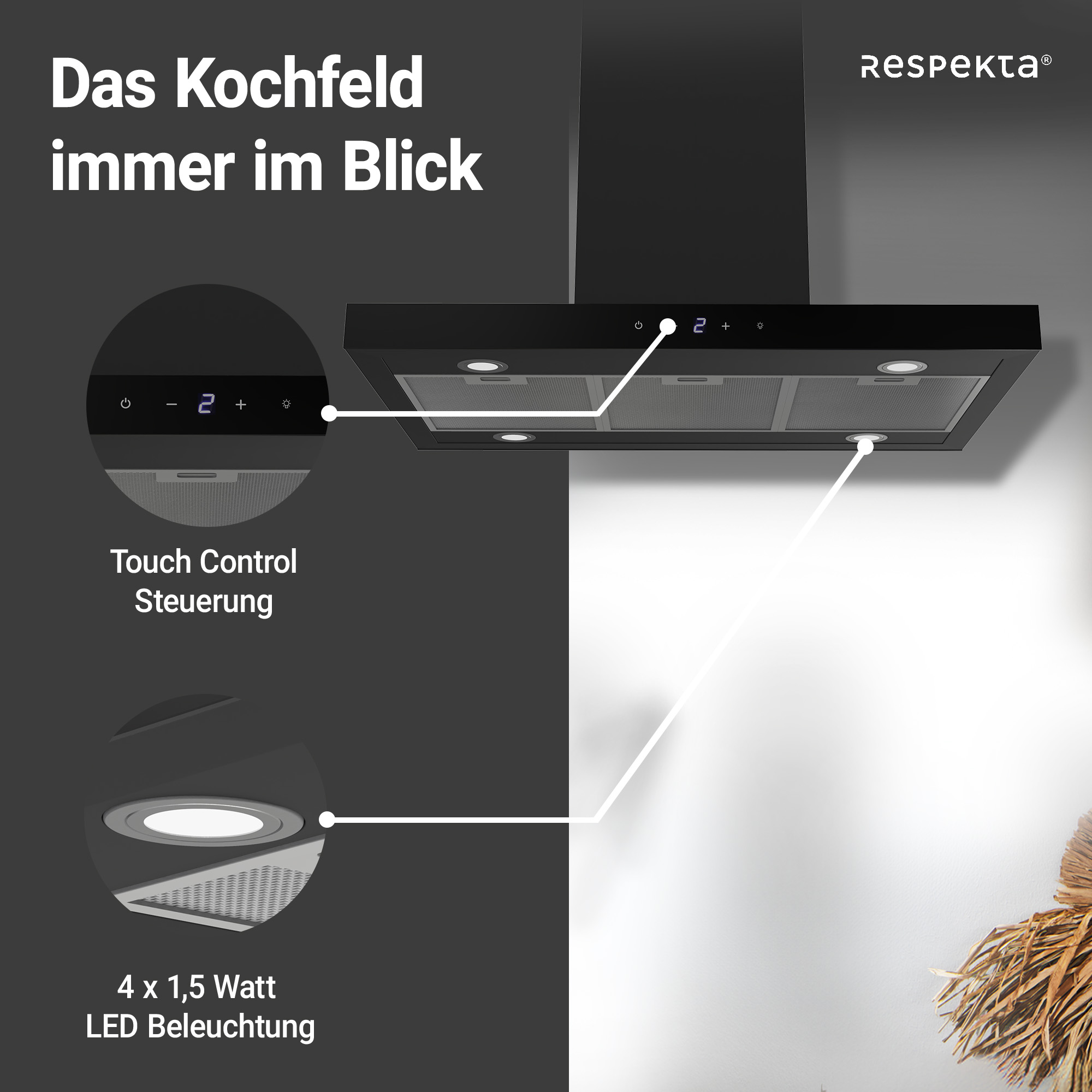 Inselhaube 'CH44199GISS-20' Metall/Glas schwarz 60 cm