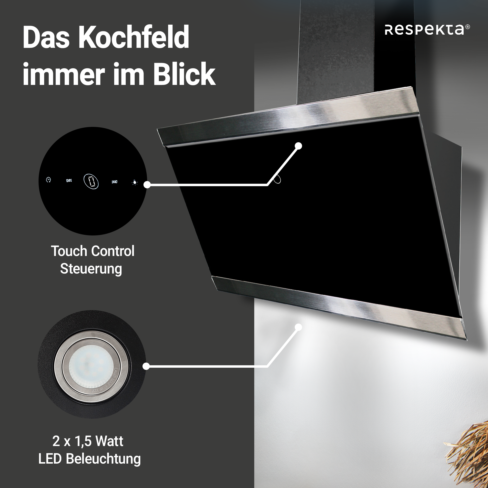 Schräghaube 'CH89090S' Metall/Glas schwarz 90 cm