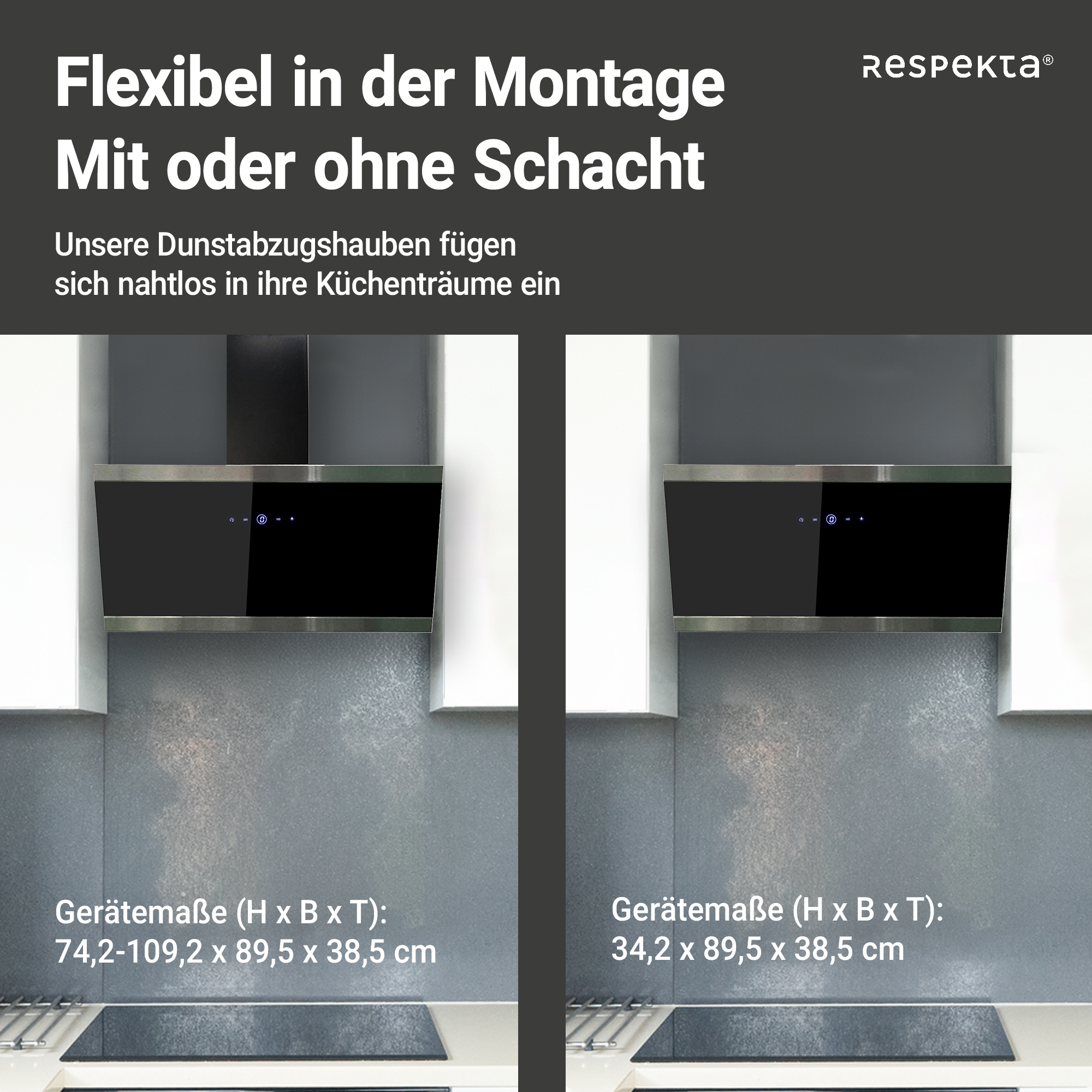 Schräghaube 'CH89090S' Metall/Glas schwarz 90 cm