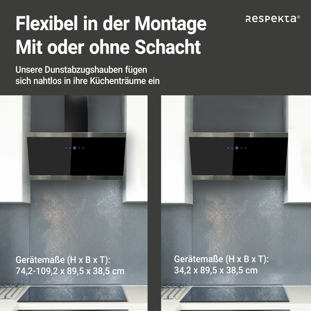 Schräghaube 'CH89090S' Metall/Glas schwarz 90 cm