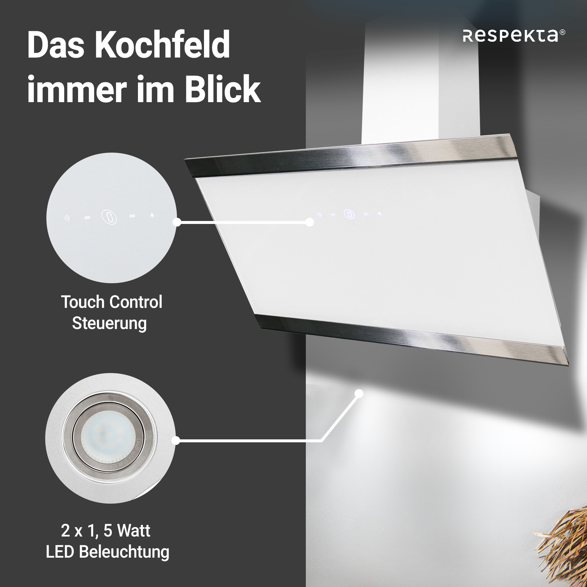 Schräghaube 'CH89090W' Metall/Glas weiß 90 cm