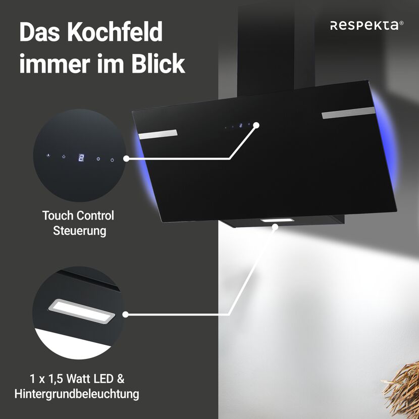 Schräghaube 'CH69090SA+' Metall/Glas schwarz 90 cm