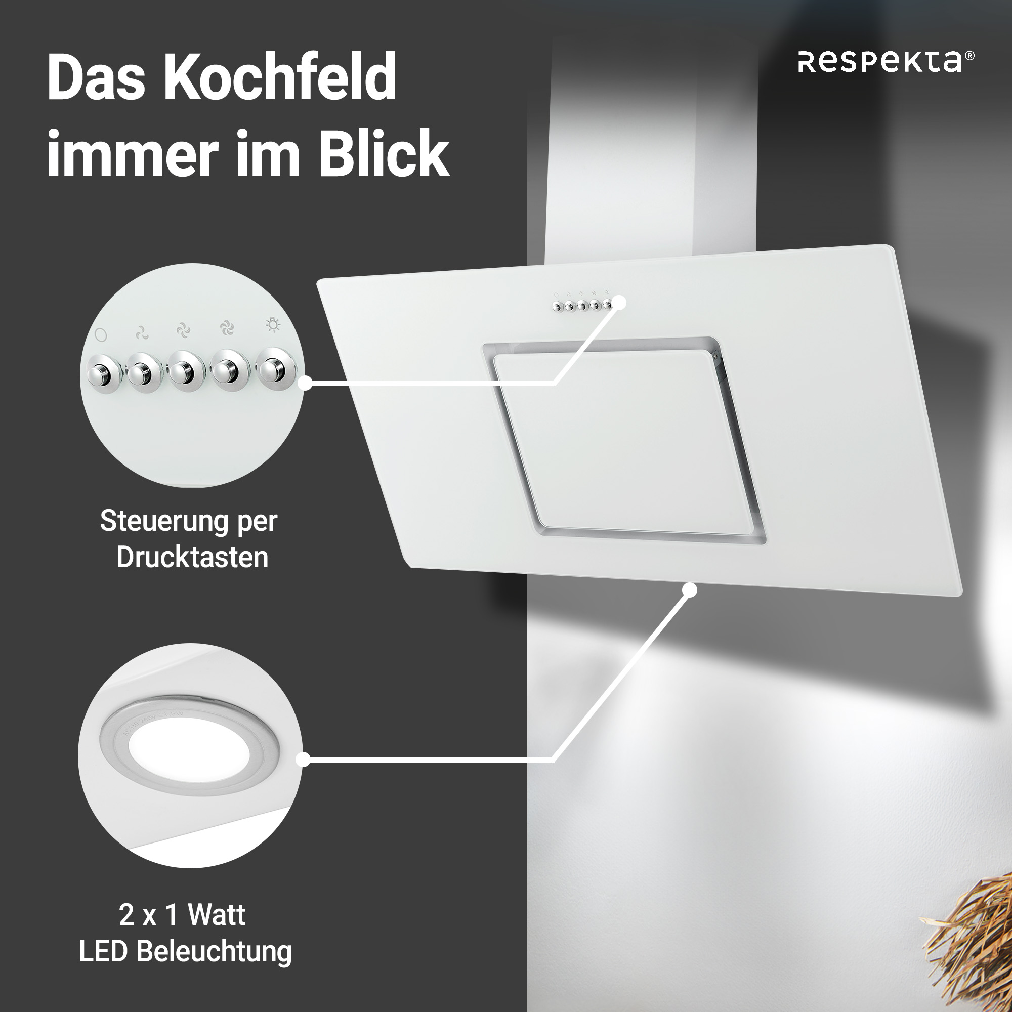 Schräghaube 'CH22010/90WBZ' Metall/Glas weiß 90 cm