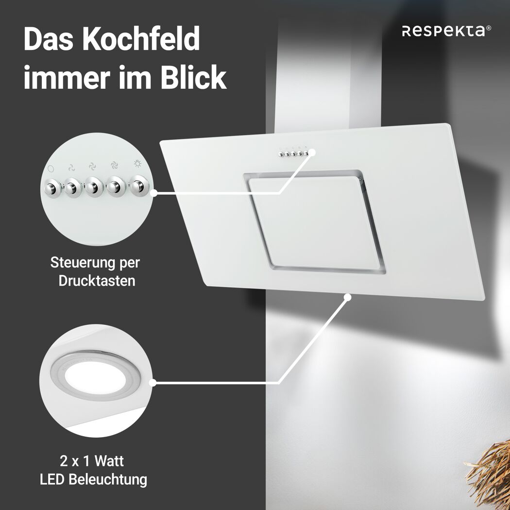 Schräghaube 'CH22010/90WBZ' Metall/Glas weiß 90 cm