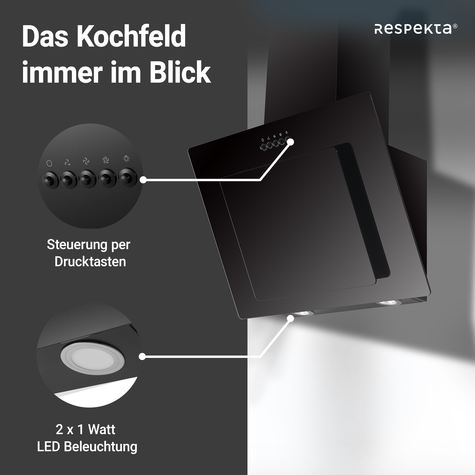 Schräghaube 'CH21060SBZ' Metall/Glas schwarz 60 cm