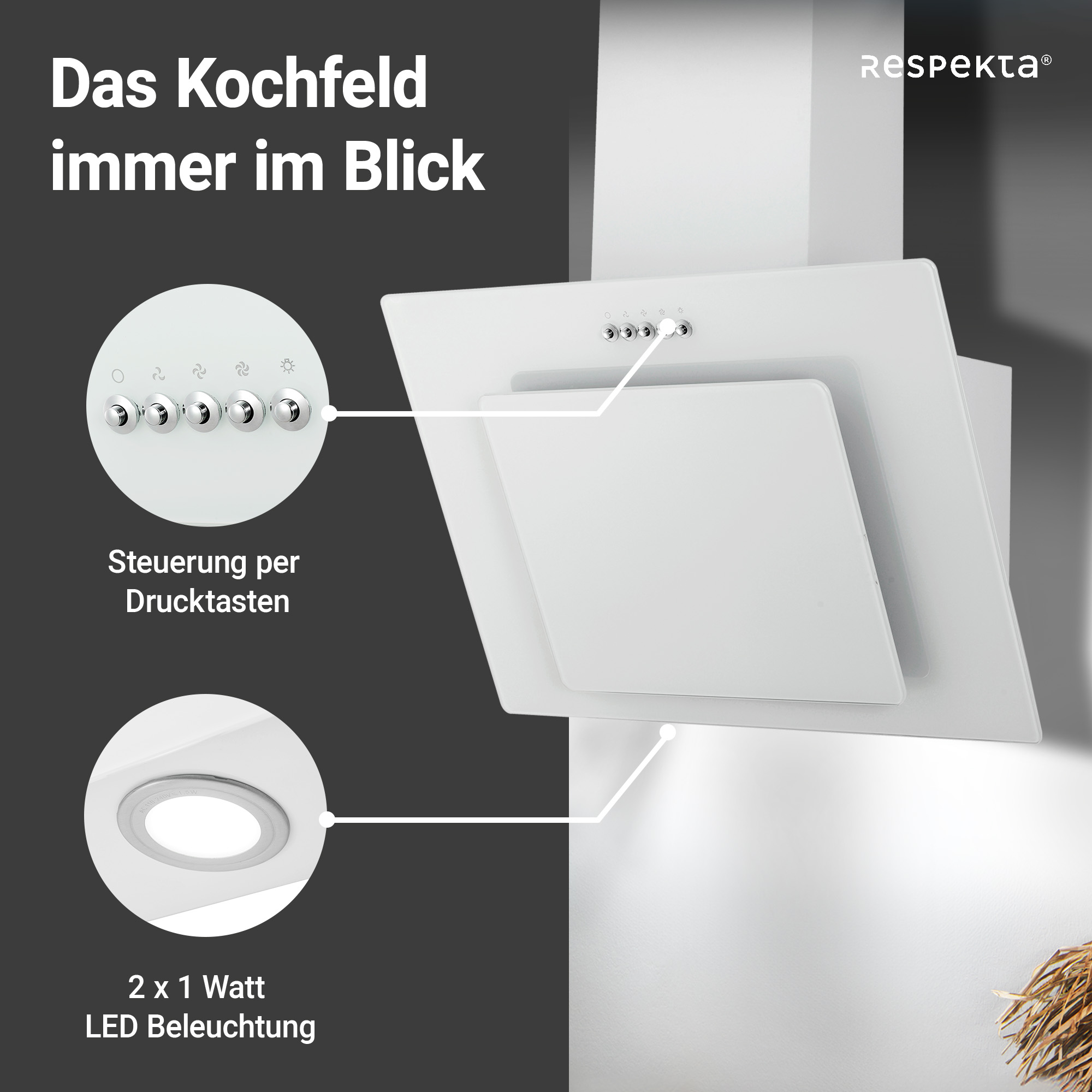 Schräghaube 'CH21060WBZ' Metall/Glas weiß 60 cm