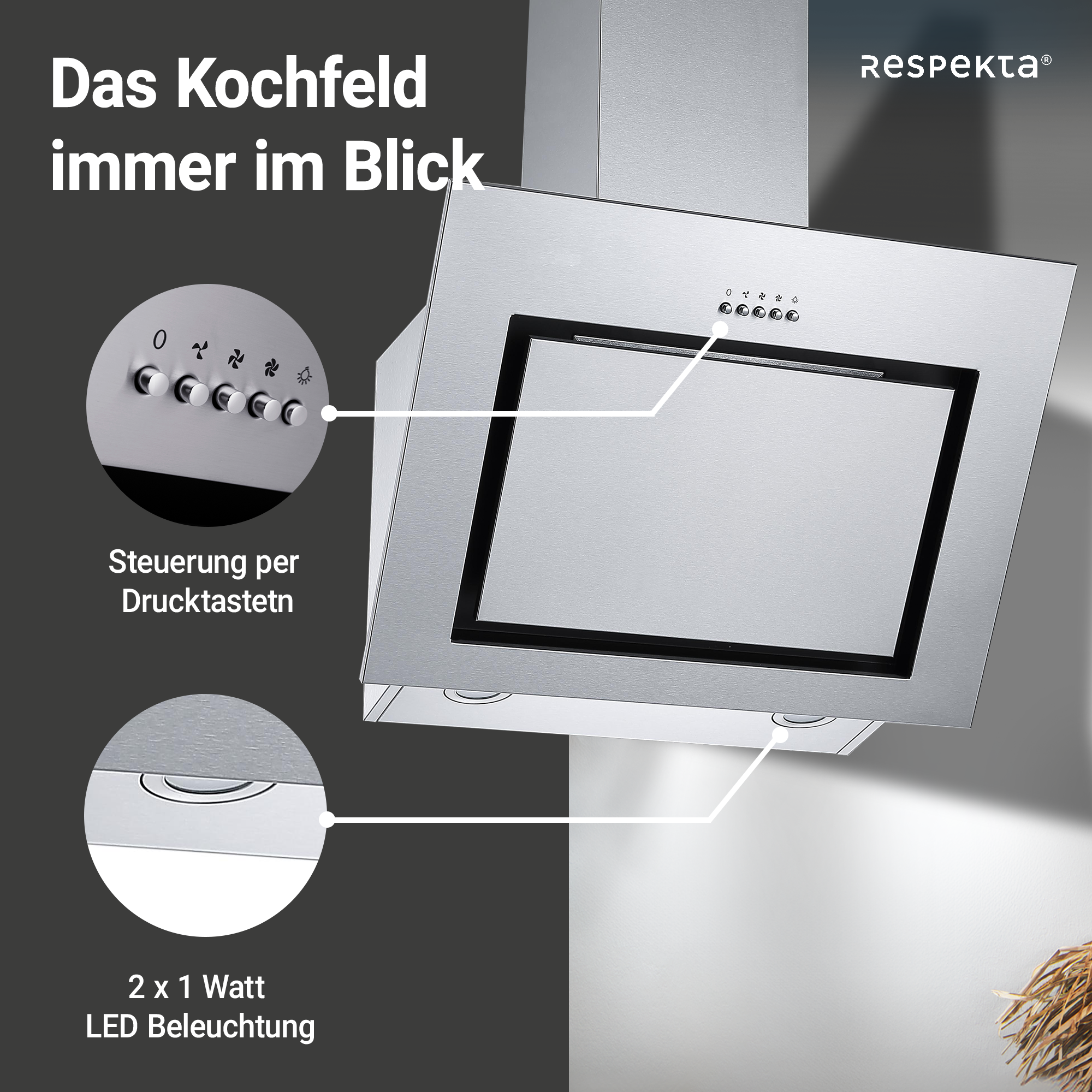 Schräghaube 'CH22020IXB' Edelstahl 60 cm