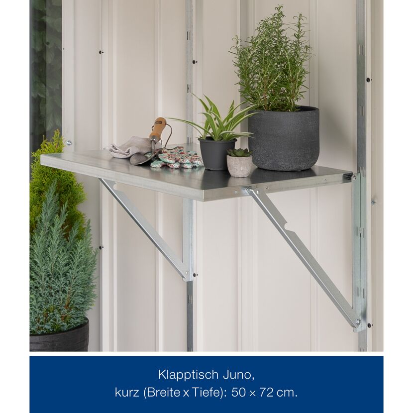 Klapptisch aus Stahl 50x72 cm mit Pflanzen und Gartengeräten.