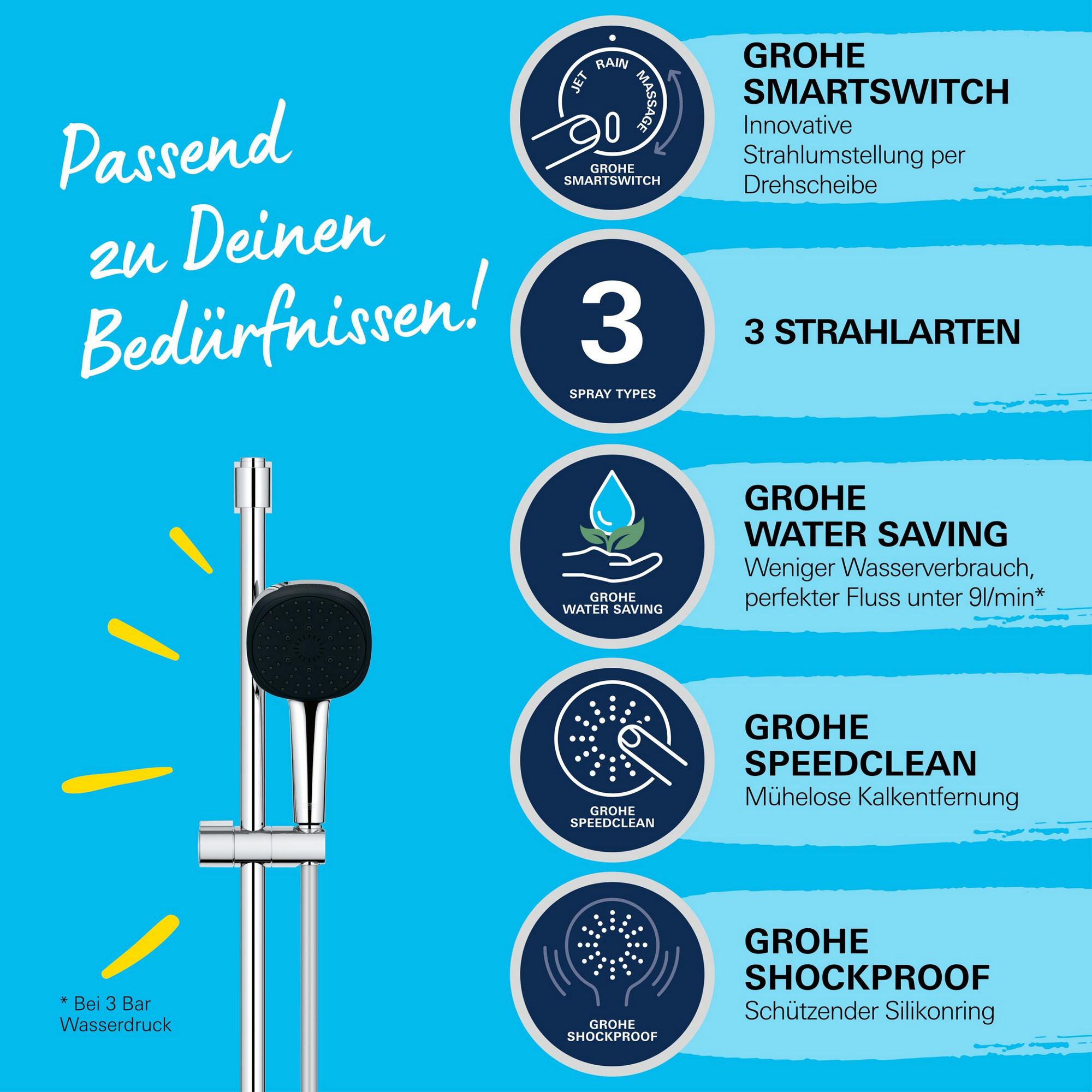 Brausestangenset 'Vitalio Comfort 110' chromfarben eckig 3 Strahlarten, 60 cm