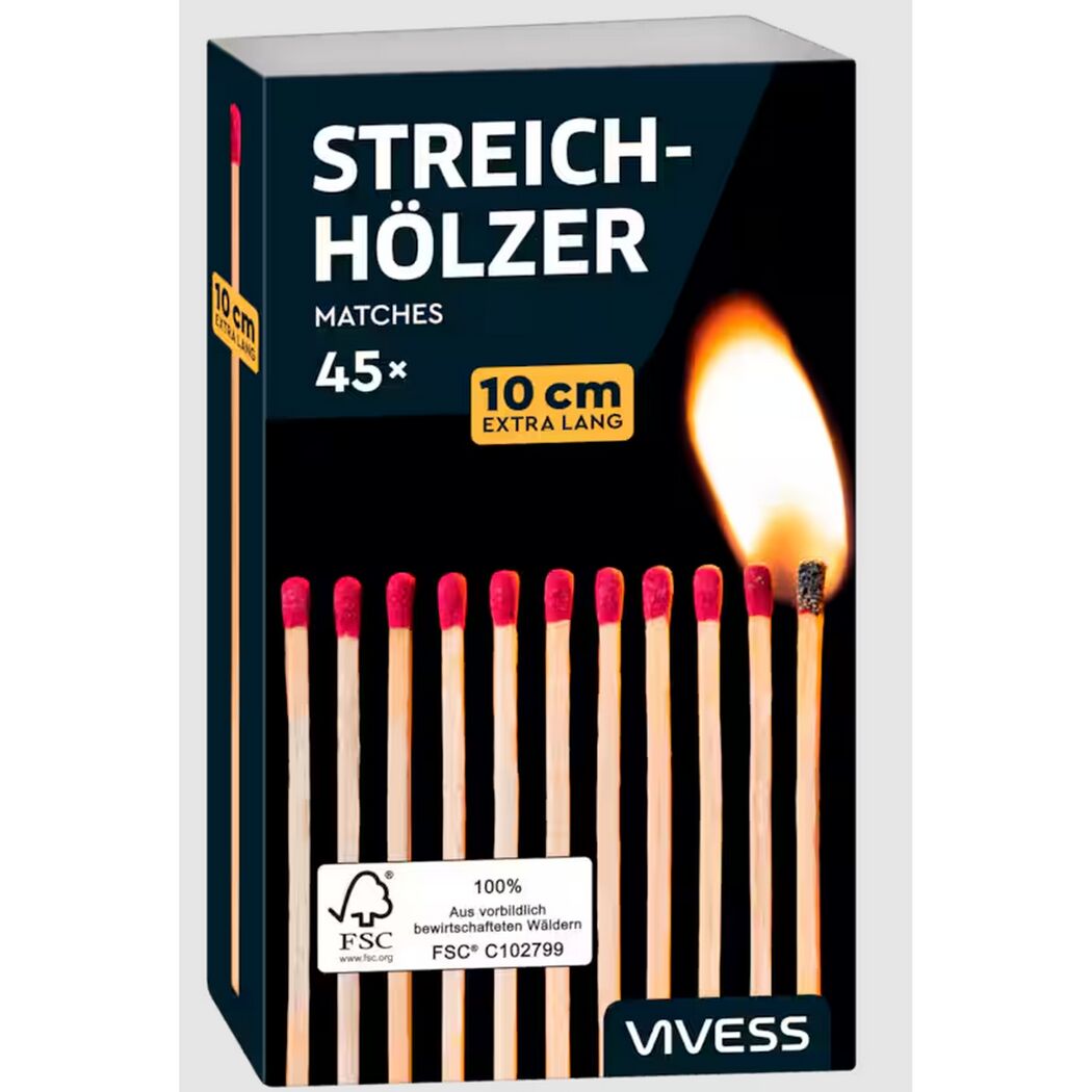 VIVESS Streichhölzer 10 cm extra lang, eines brennt